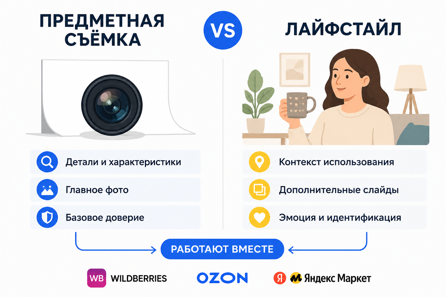 Сравнительная инфографика предметной и лайфстайл-съёмки для карточки товара
