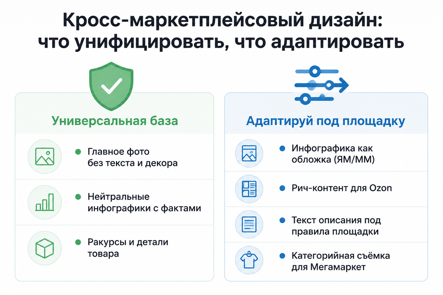 Схема-инфографика: универсальная база карточки против элементов, которые нужно адаптировать под каждый маркетплейс