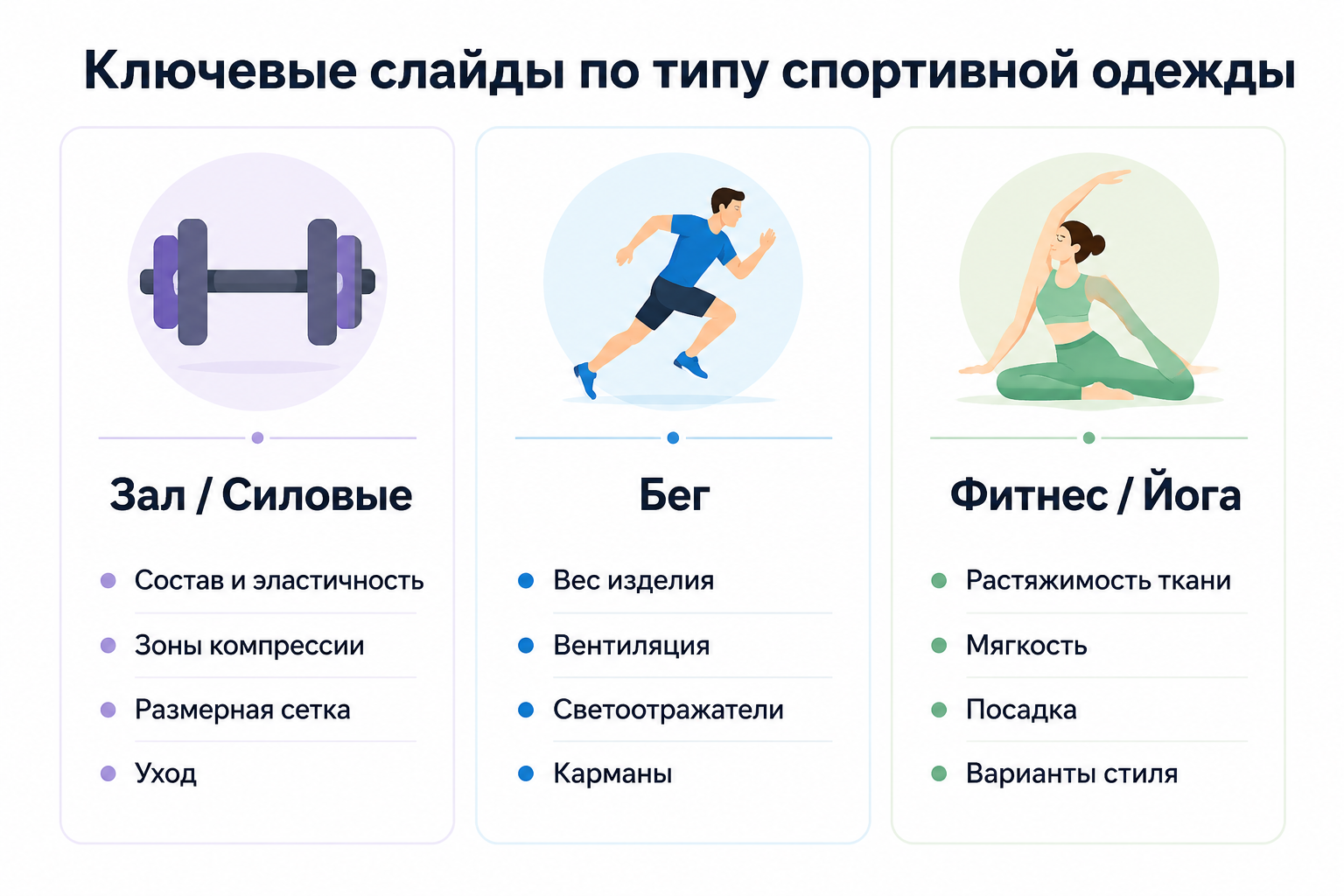 Ключевые слайды инфографики для разных типов спортивной одежды: зал, бег, фитнес