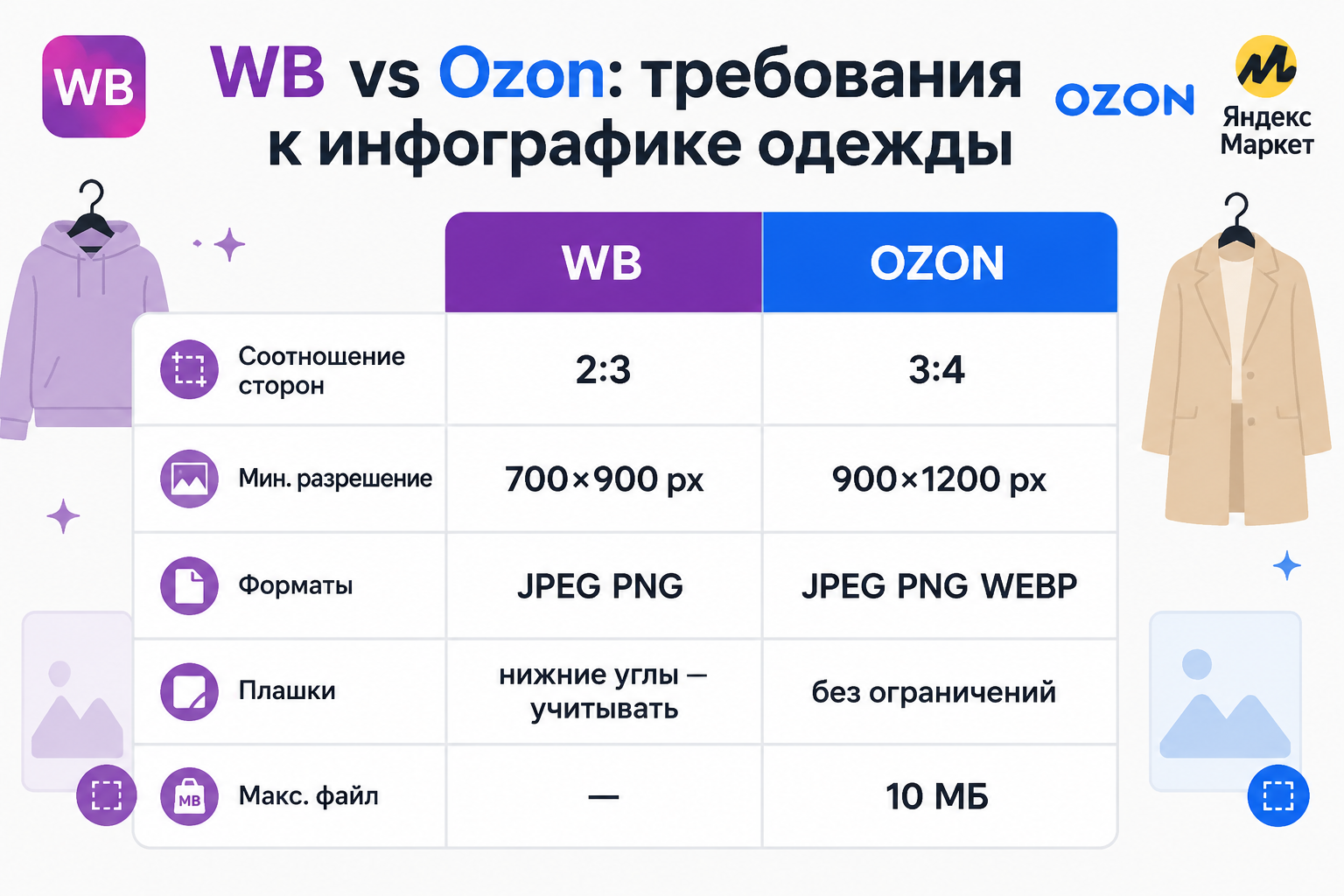 Сравнение технических требований к инфографике одежды: WB и Ozon