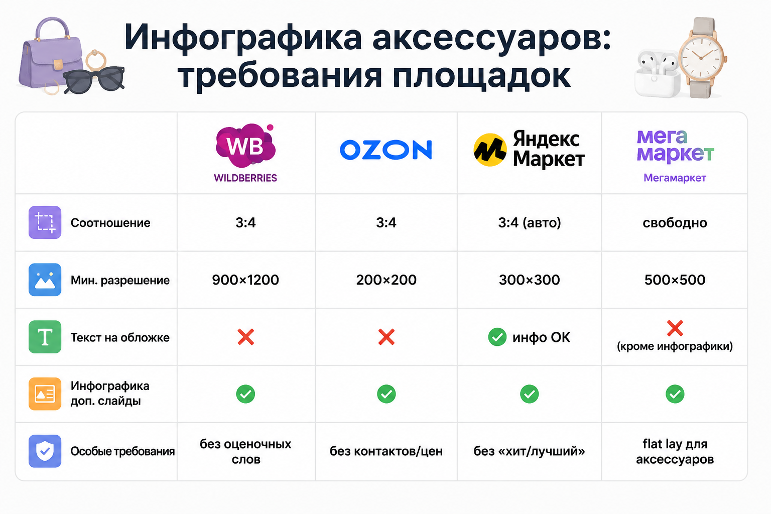 Сравнительная таблица требований к инфографике аксессуаров на WB, Ozon, Яндекс Маркет и Мегамаркет