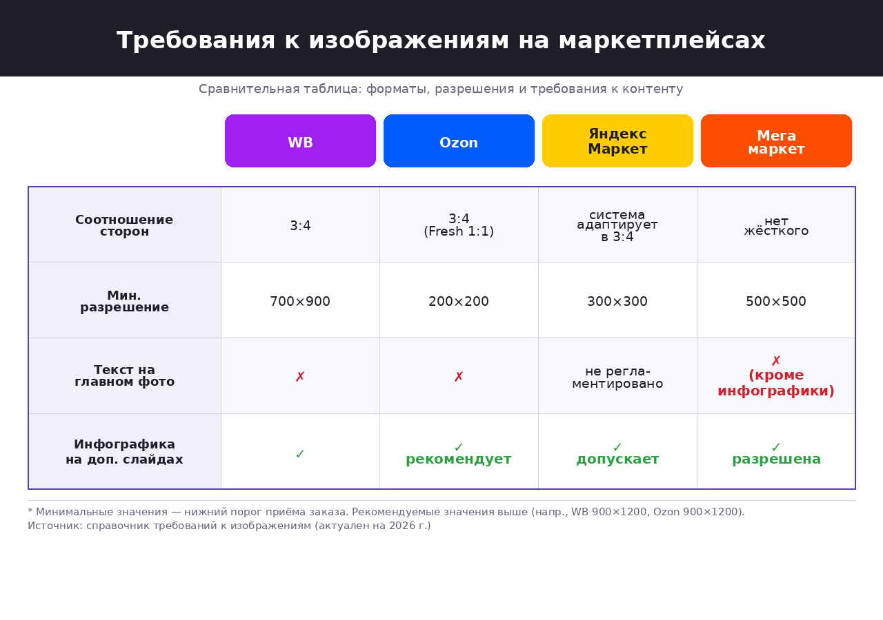 Сравнительная таблица требований WB, Ozon, Яндекс.Маркет и Мегамаркет к фото и инфографике в карточке товара