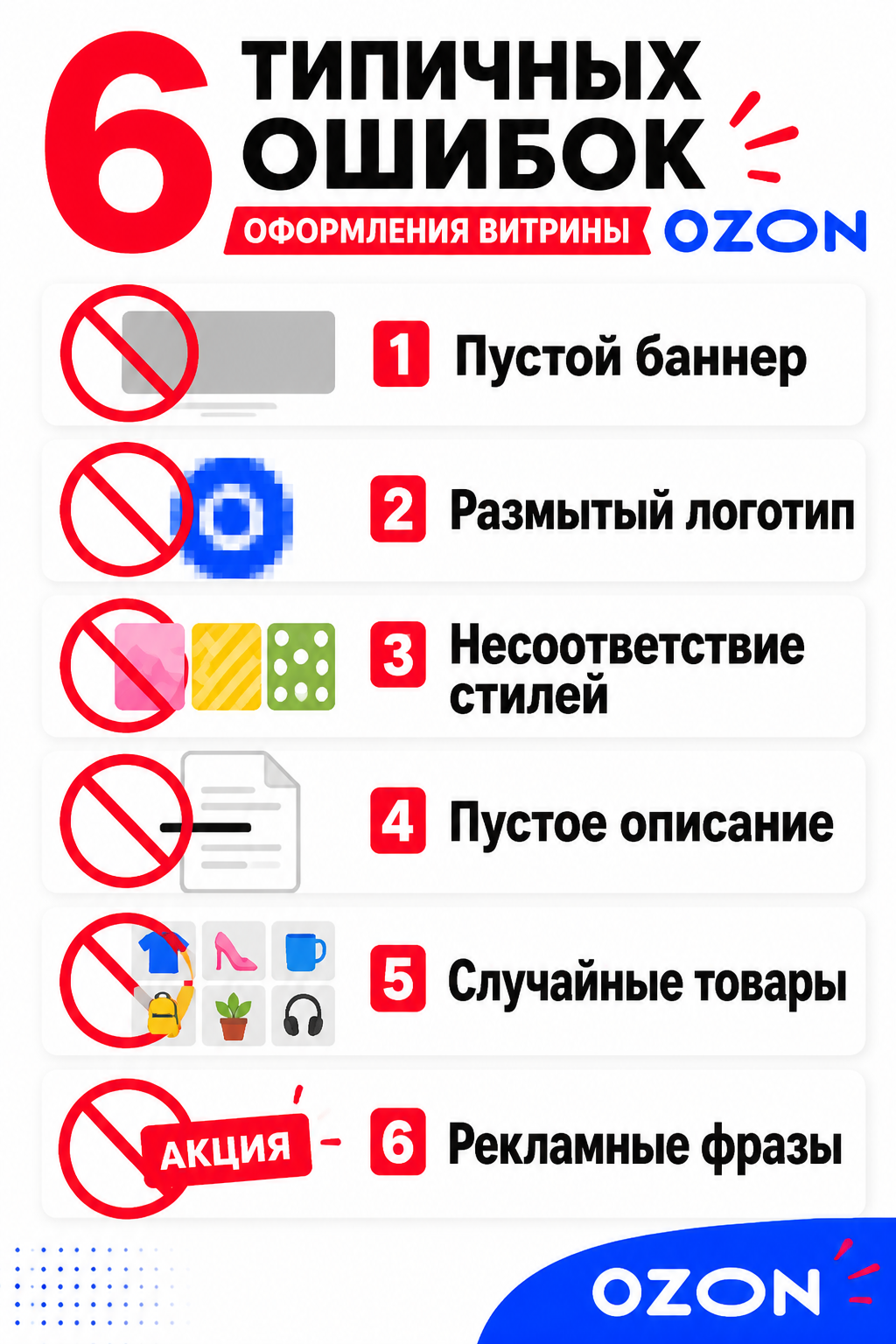 Шесть типичных ошибок при оформлении витрины магазина на Ozon: пустой баннер, размытый логотип, несоответствие стилей и другие