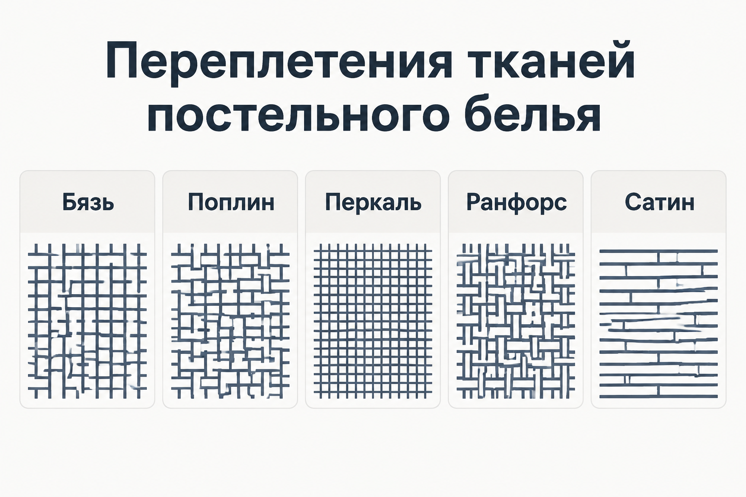 Схема-классификация переплетений тканей постельного белья: бязь, поплин, перкаль, ранфорс, сатин