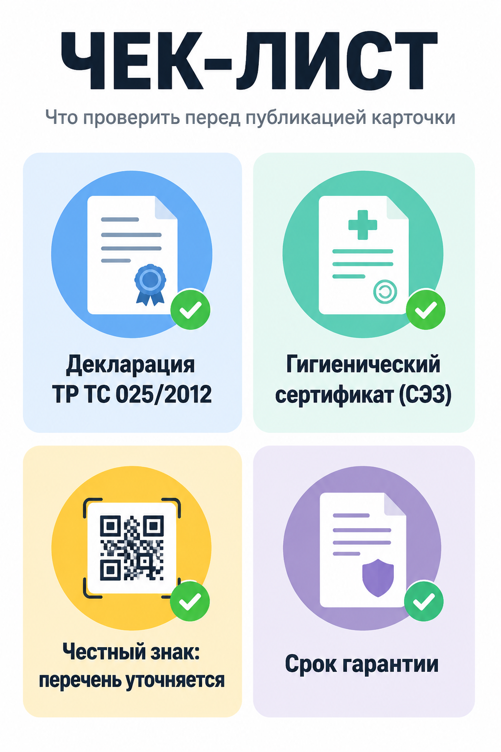 Чек-лист документов для карточки матраса: декларация ТР ТС 025/2012, гигиенический сертификат (СЭЗ), статус Честного знака и срок гарантии.