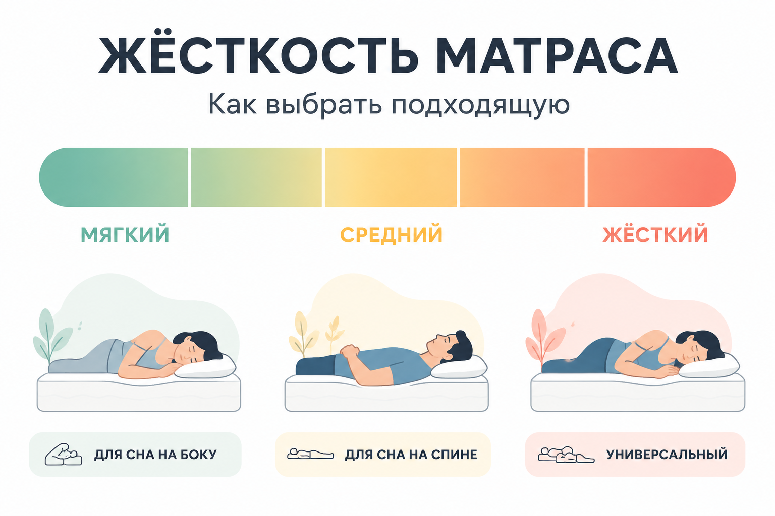 Шкала жёсткости матраса от мягкого до жёсткого с нейтральными подписями по позе сна для инфографики карточки товара.
