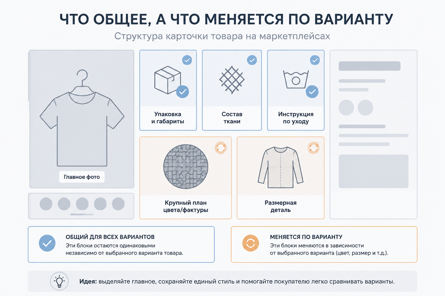 Схема структуры карточки товара: блоки «упаковка и габариты», «состав ткани» и «инструкция по уходу» помечены как общие для всех вариантов, а «крупный план цвета/фактуры» и «размерная деталь» — как меняющиеся по варианту.