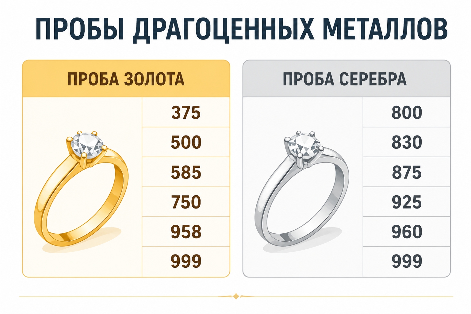 Таблица проб золота и серебра для карточки ювелирного украшения