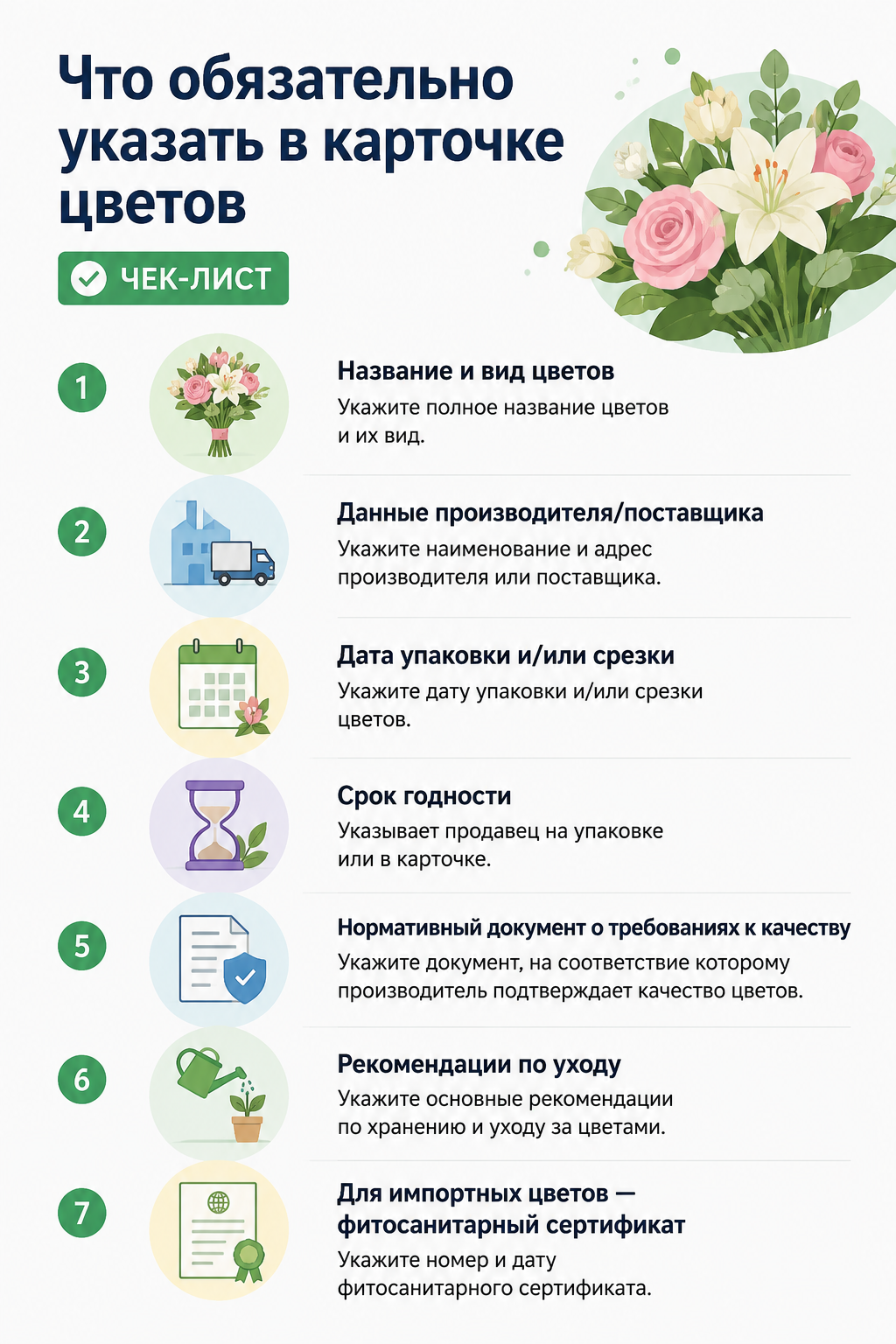 Чек-лист обязательных сведений в карточке цветов на маркетплейсе