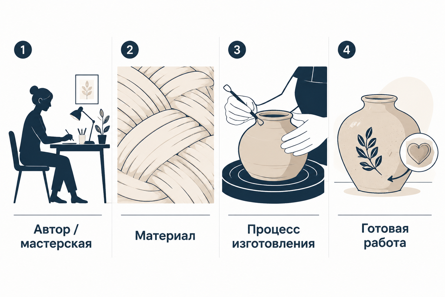 Инфографика: четыре этапа карточки хэндмейд-товара — автор, материал, процесс изготовления, готовое изделие
