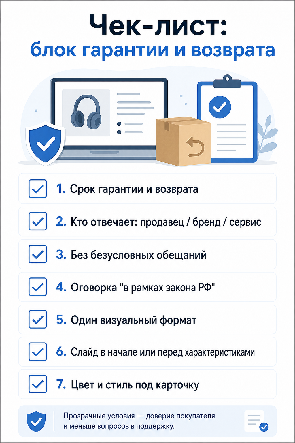 Чек-лист из 7 пунктов для сборки блока гарантии и возврата в карточке товара