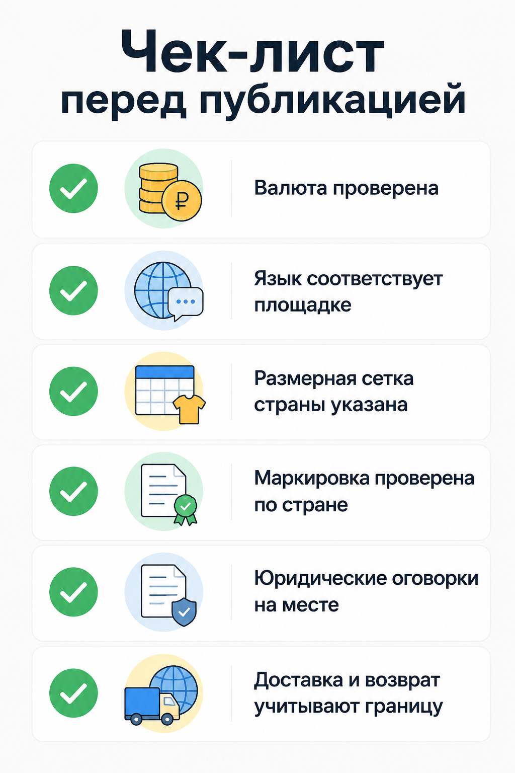 Чек-лист из шести пунктов для локализации карточки перед публикацией на WB СНГ и Ozon Global