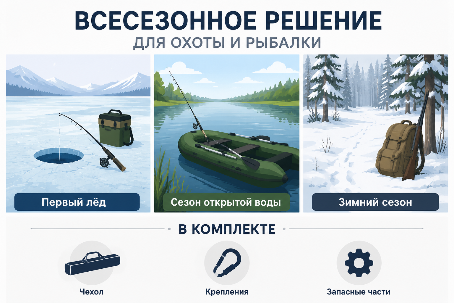 Слайд сезонности снаряжения: сцены первого льда, сезона открытой воды и зимнего сезона плюс блок комплектации — чехол, крепления, запасные части