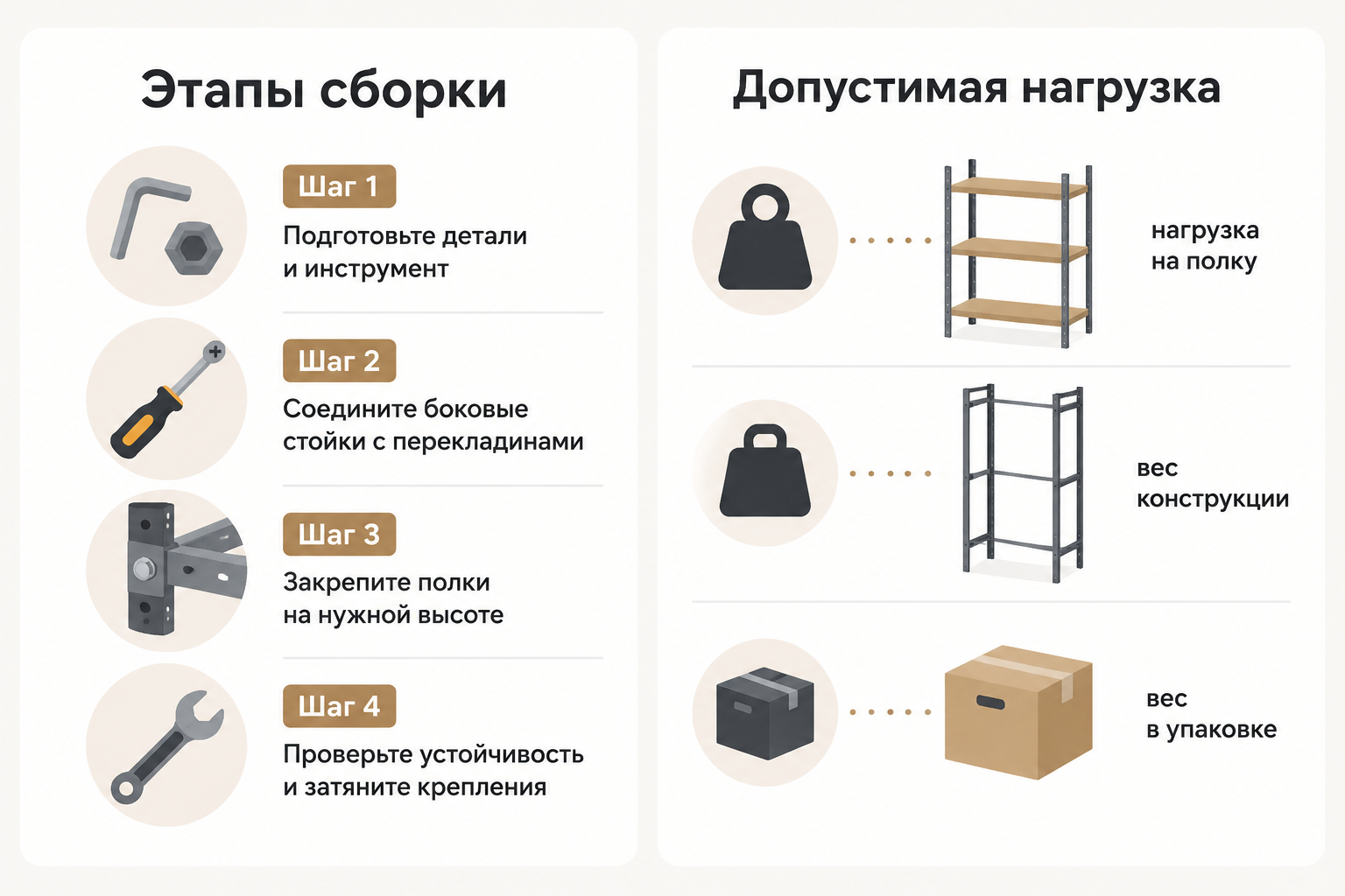 Инфографика этапов сборки мебели и допустимой нагрузки