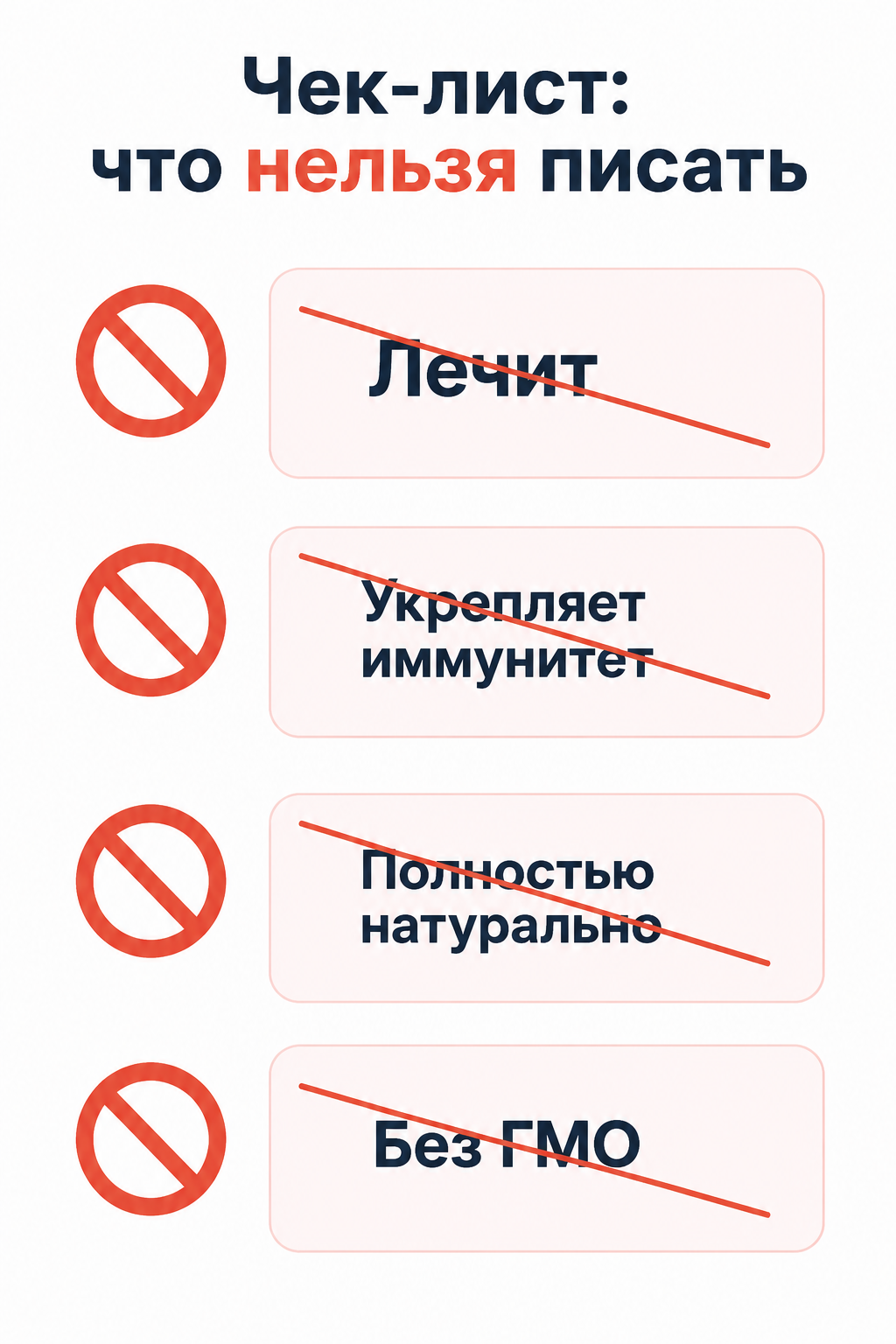 Чек-лист запрещённых формулировок на инфографике продукта питания: медицинские заявления и гринвошинг перечёркнуты