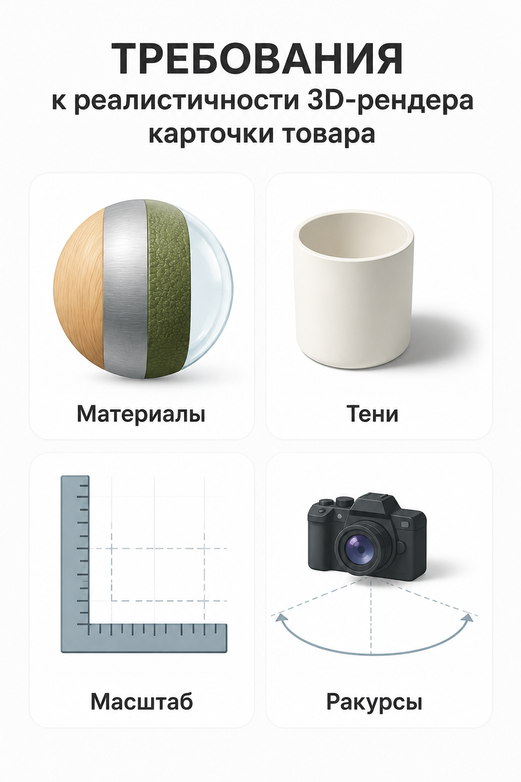 Визуальный чек-лист требований к реалистичности 3D-рендера: материалы, тени, масштаб, ракурсы.