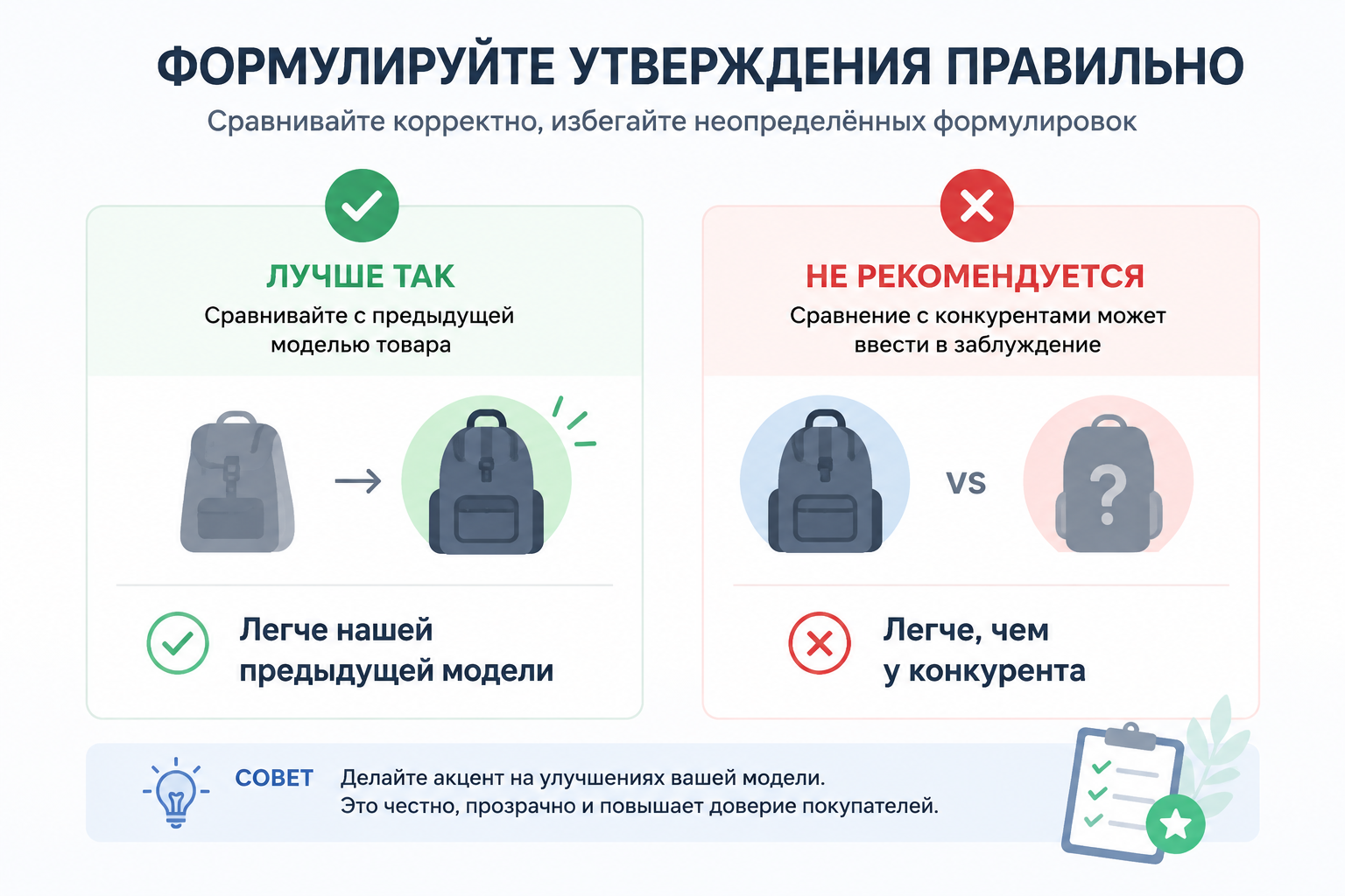 Пример правильной и неправильной формулировки сравнения на карточке товара