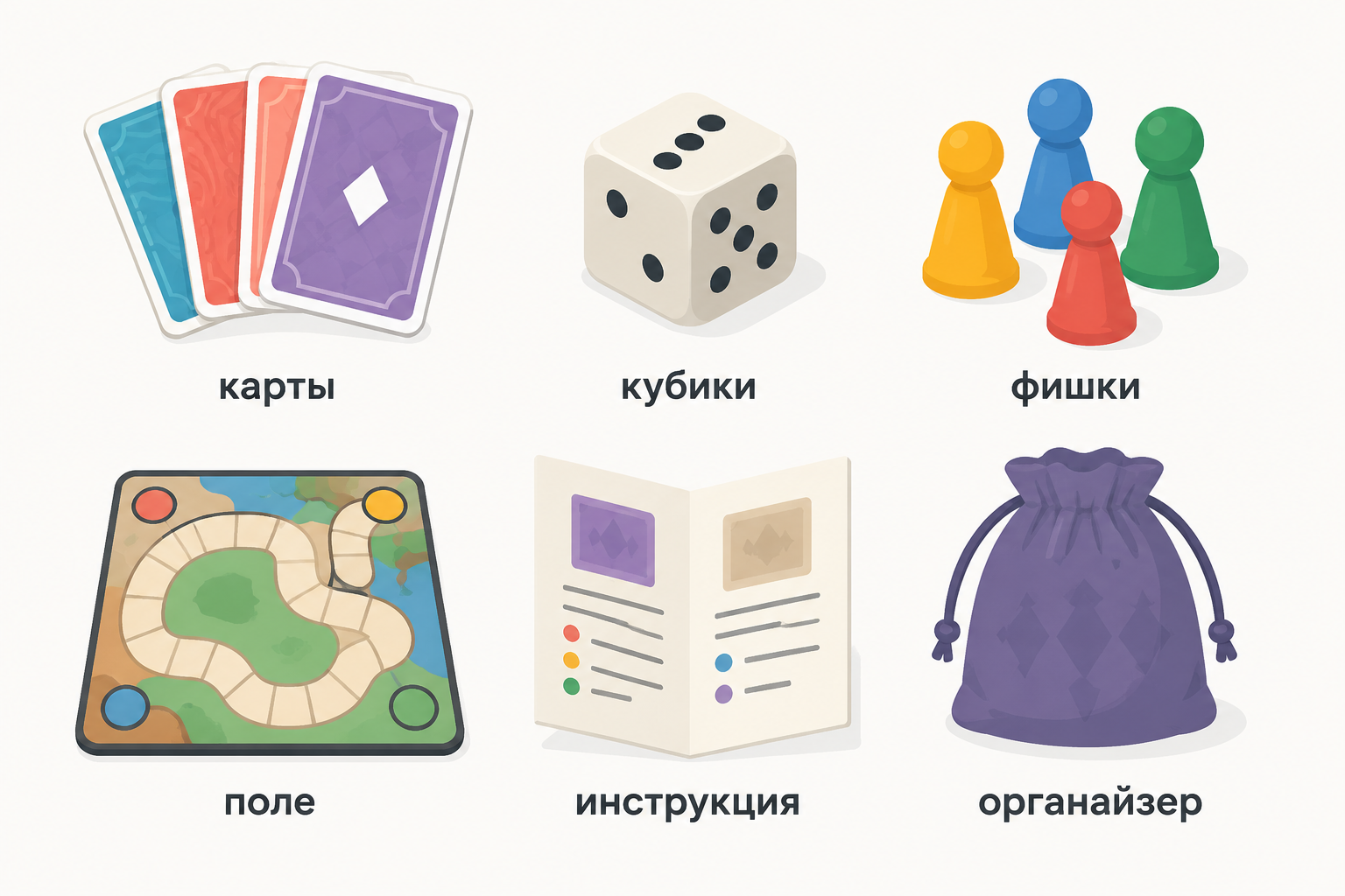 Иконки комплектации настольной игры: карты, кубики, фишки, поле, инструкция, органайзер.