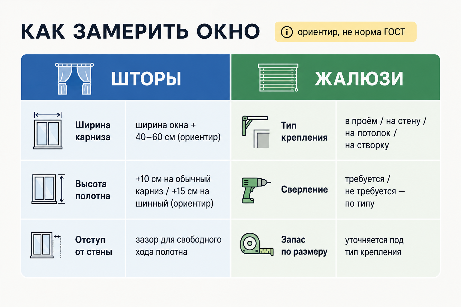 Таблица замера окна для штор и жалюзи: формулы ширины карниза, высоты полотна и типы крепления