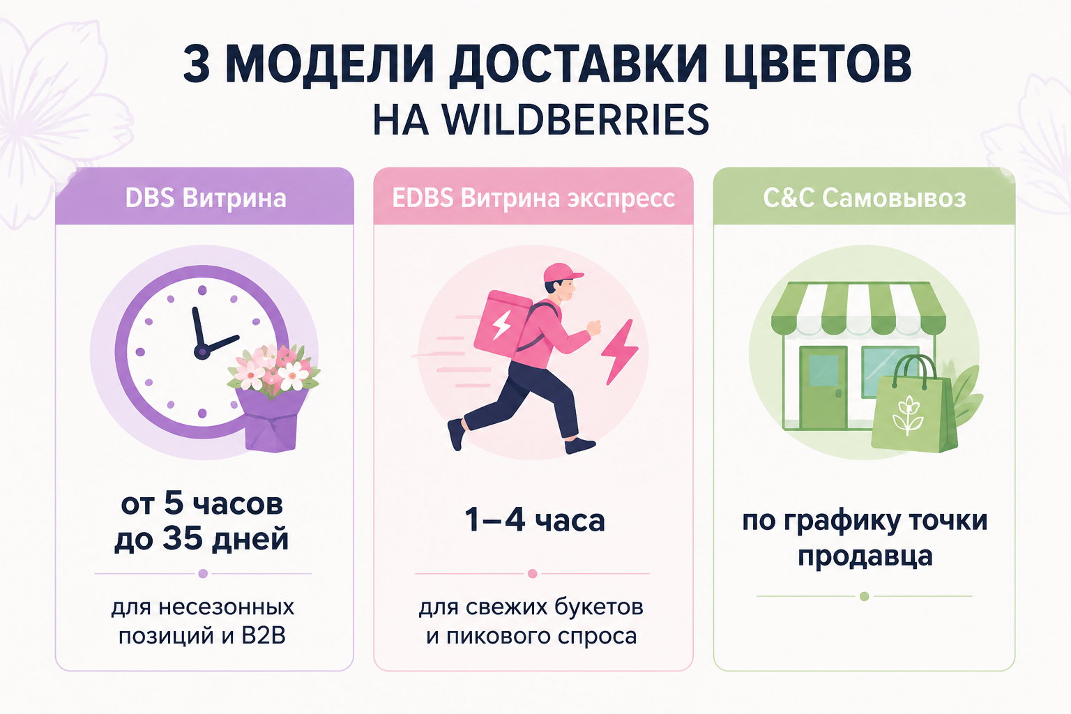 Сравнение моделей доставки цветов DBS, EDBS и самовывоза на Wildberries