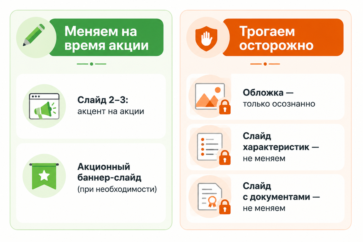 Карта слайдов карточки товара: какие слайды меняют на время акции, а какие не трогают