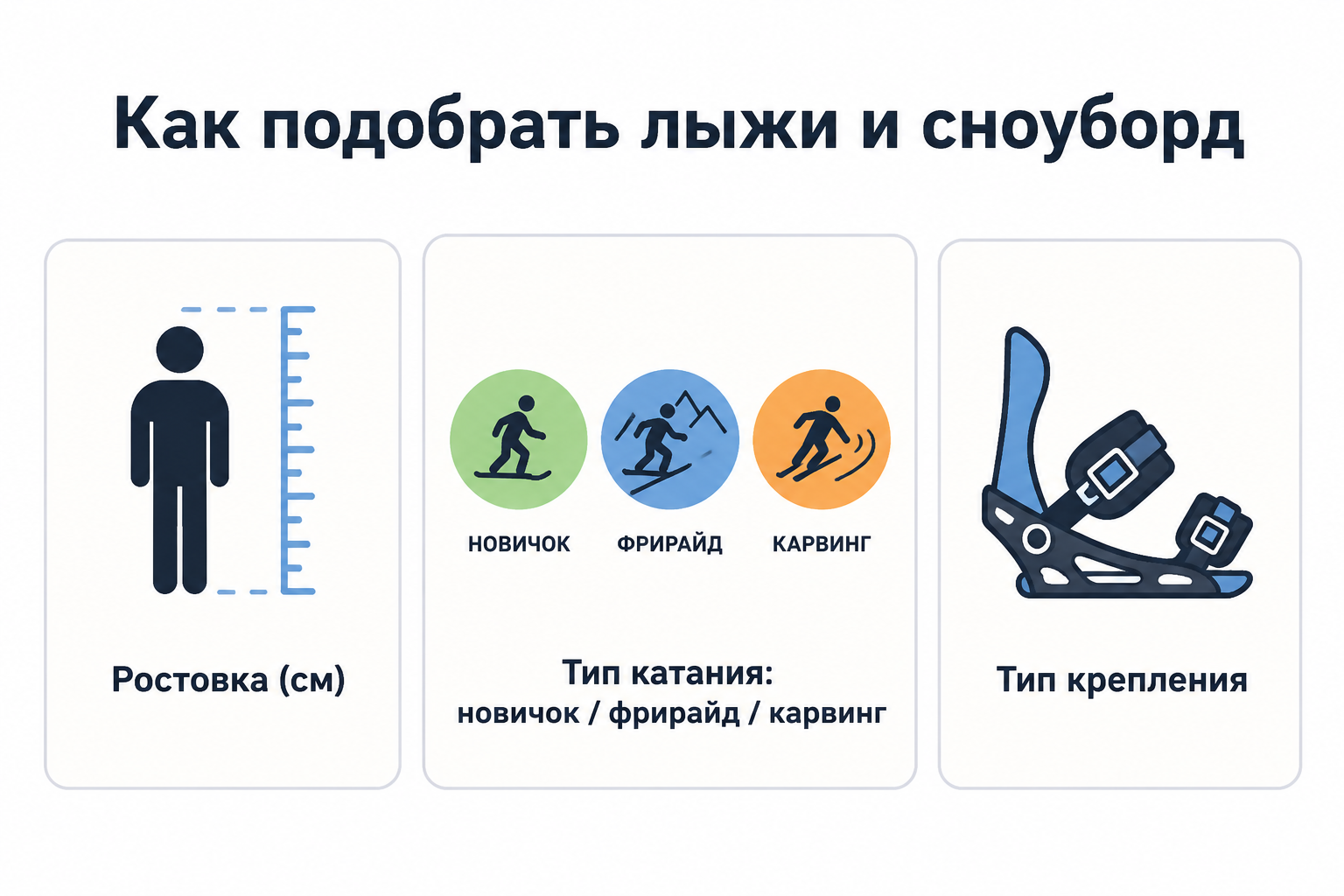 Схема подбора лыж и сноуборда: ростовка, тип катания, тип крепления