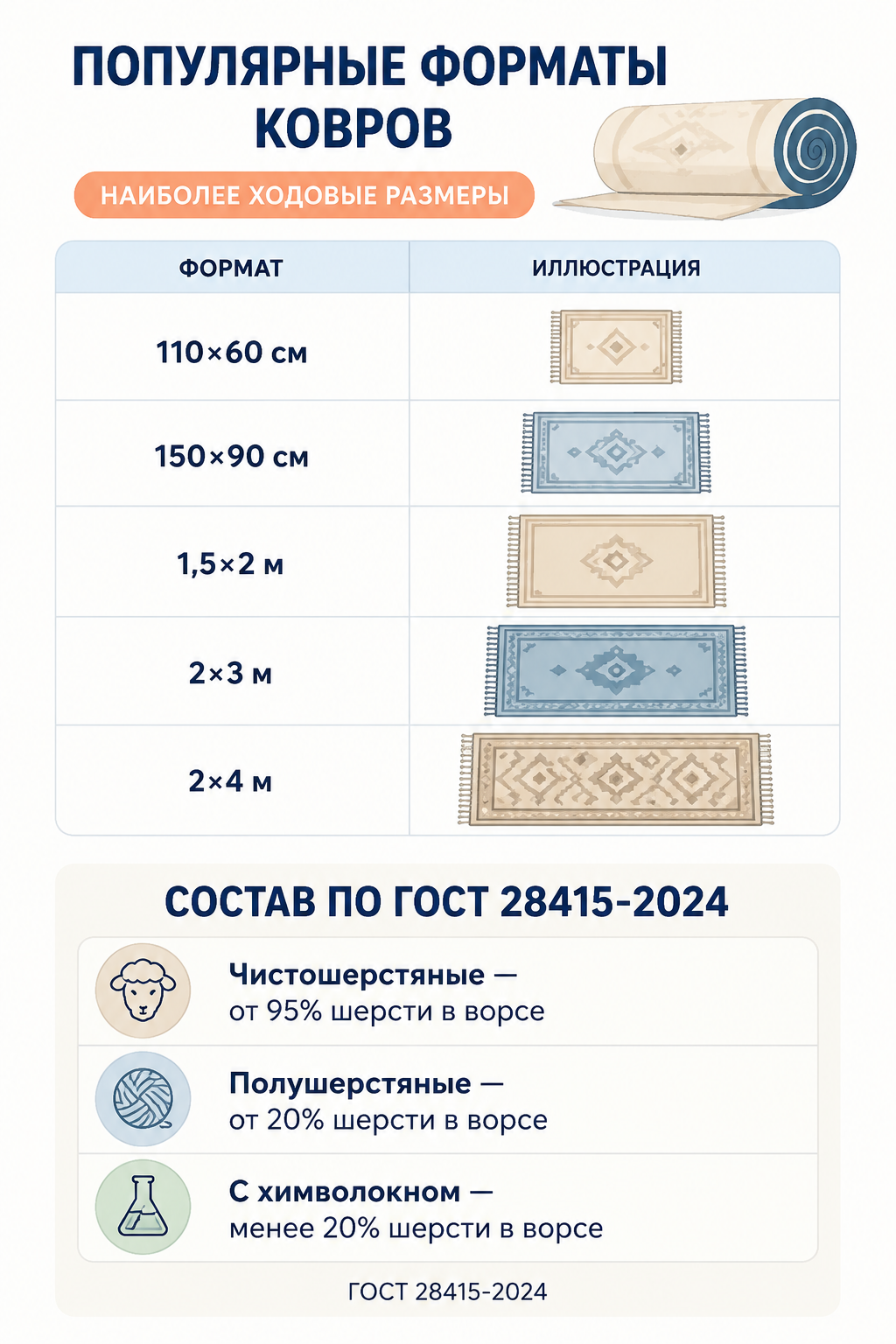 Популярные размеры ковров и состав ковровых покрытий по ГОСТ 28415-2024