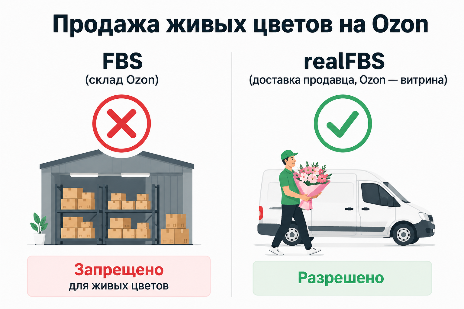Сравнение схем FBS и realFBS для продажи живых цветов на Ozon