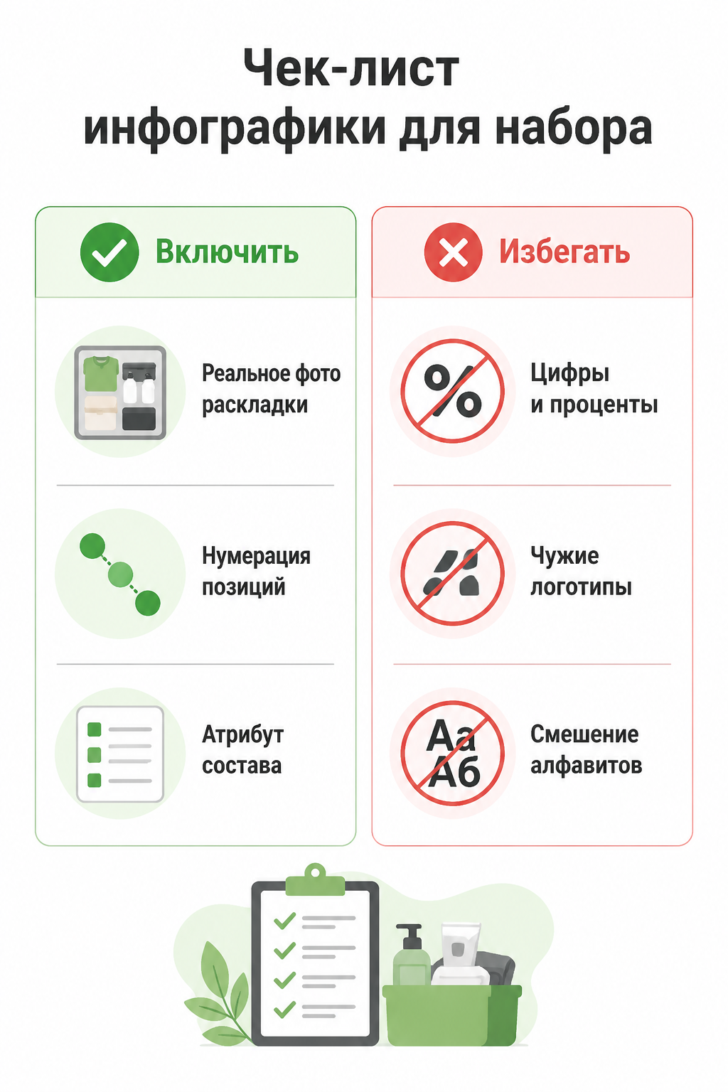 Чек-лист инфографики для карточки набора: что включить (реальное фото раскладки, нумерация позиций, атрибут состава) и чего избегать (цифры и проценты, чужие логотипы, смешение алфавитов)