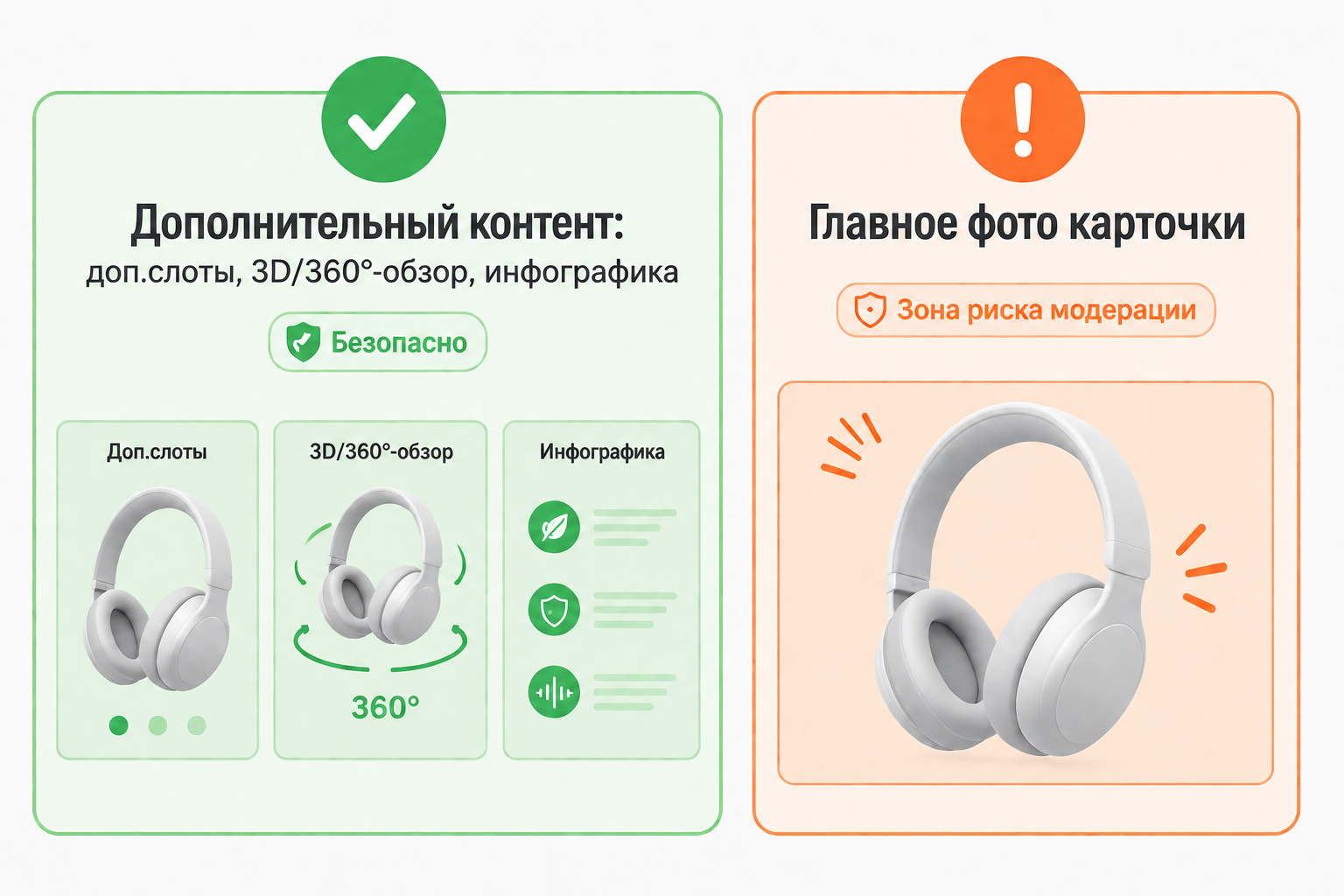 Сравнение: 3D-рендер как дополнительный контент безопасен, рендер как главное фото карточки — зона риска модерации.
