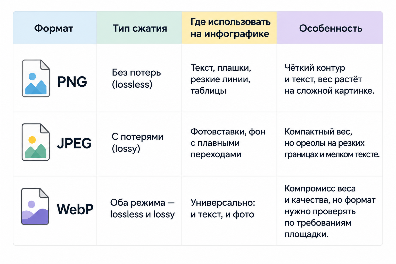Сравнительная таблица форматов PNG, JPEG и WebP для инфографики карточки товара