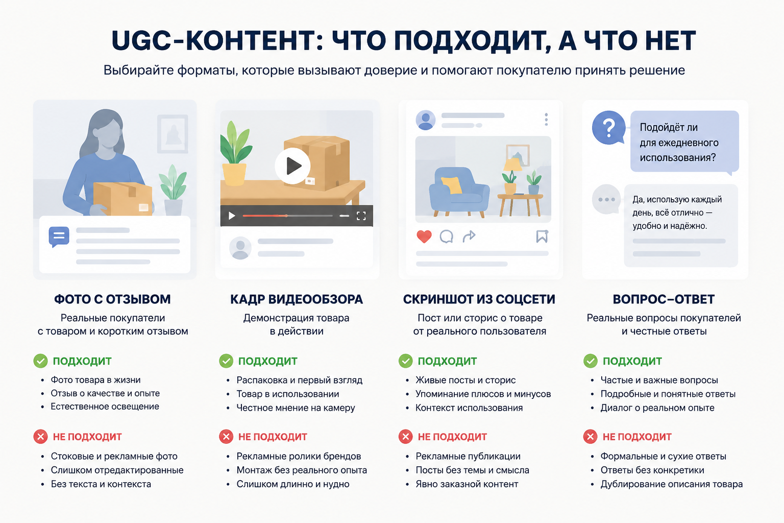 Форматы пользовательского контента, подходящие для инфографики карточки товара.