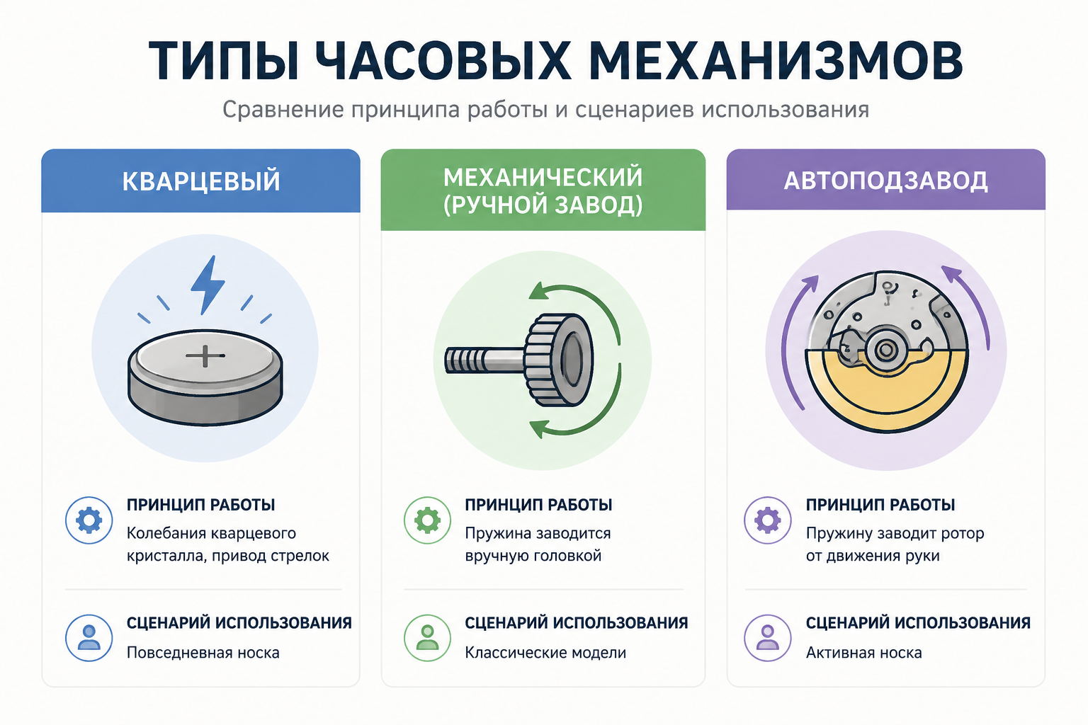 Сравнение типов часового механизма — кварцевый, механический, автоподзавод