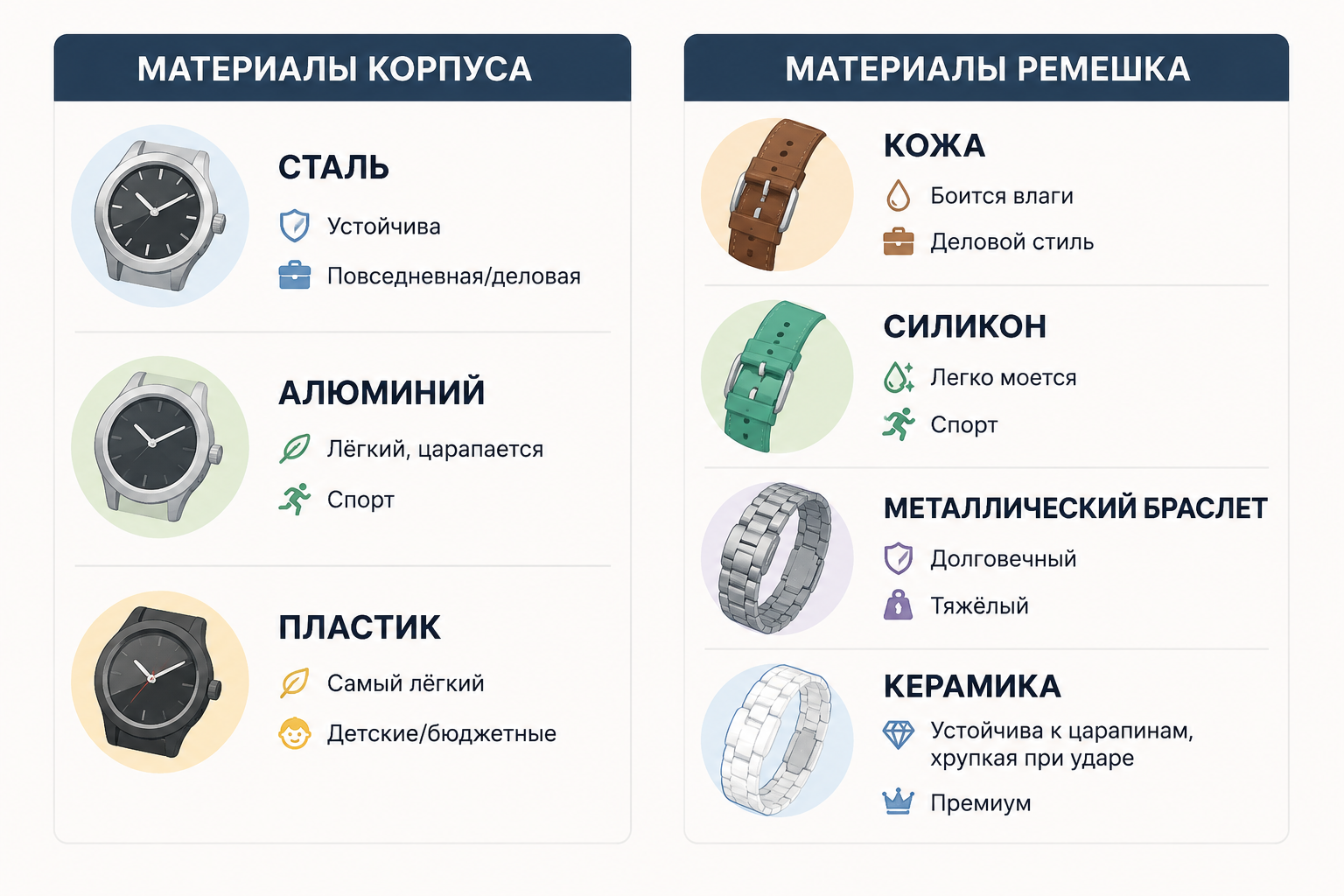 Материалы корпуса и ремешка часов — сталь, алюминий, кожа, силикон, керамика