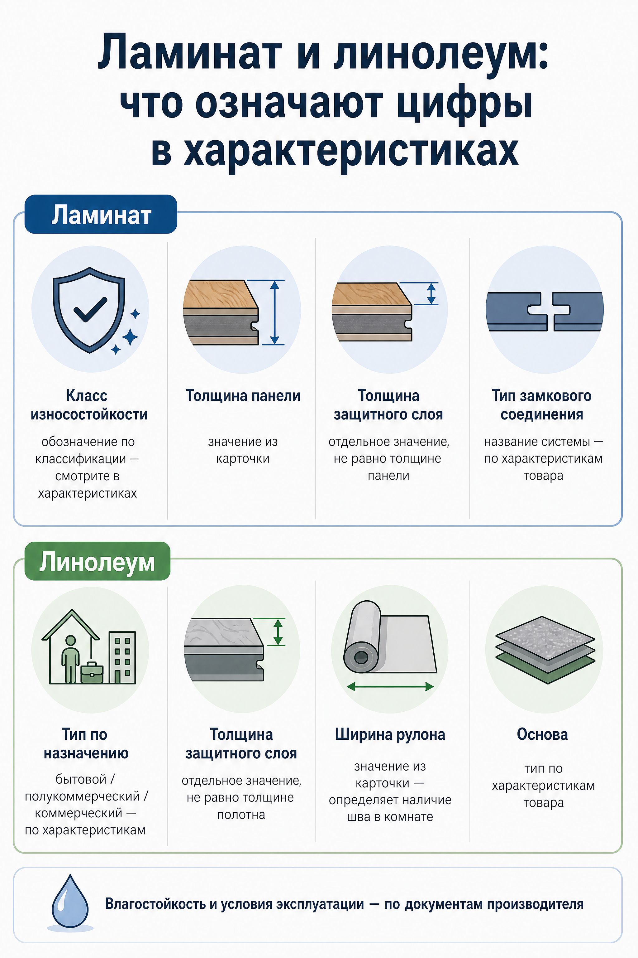 Инфографика класса износостойкости и защитного слоя ламината и линолеума
