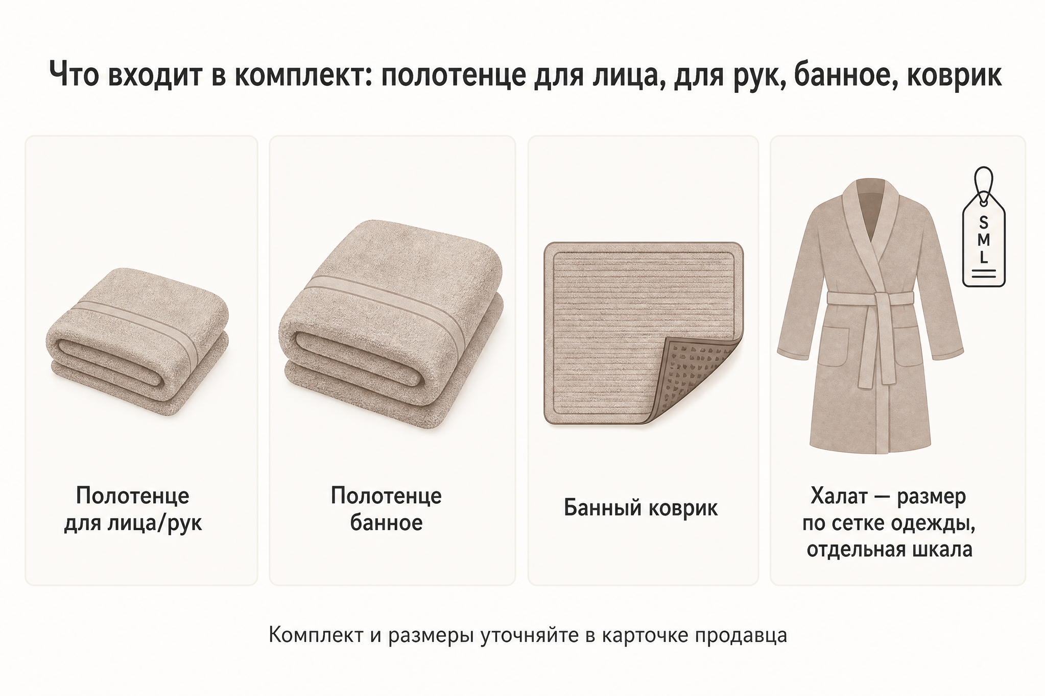 Набор банного текстиля на инфографике: полотенца, коврик и халат