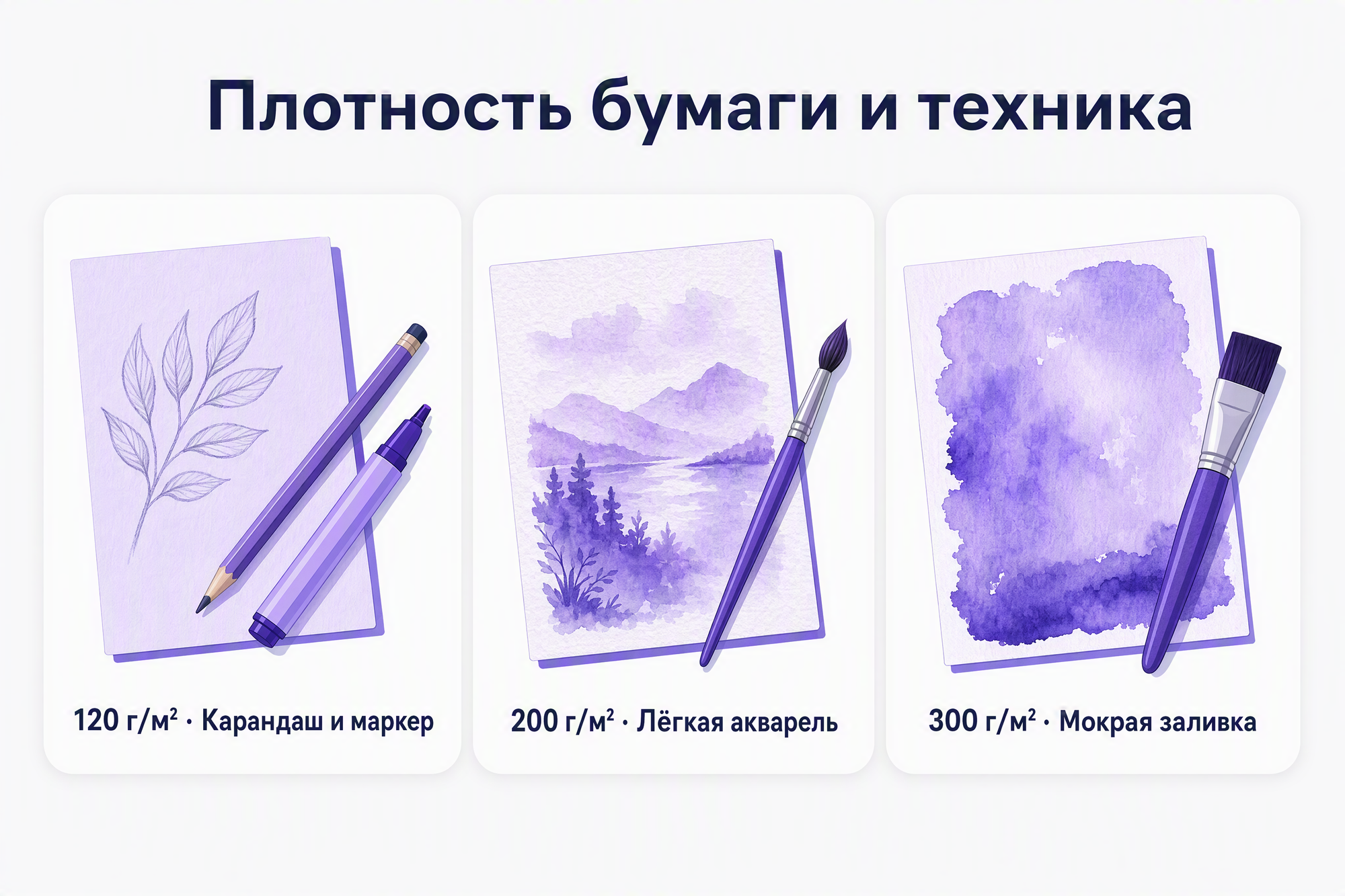 Слайд: три листа бумаги с подписями 120, 200 и 300 г/м² и пометками техник — карандаш, лёгкая акварель, мокрая заливка