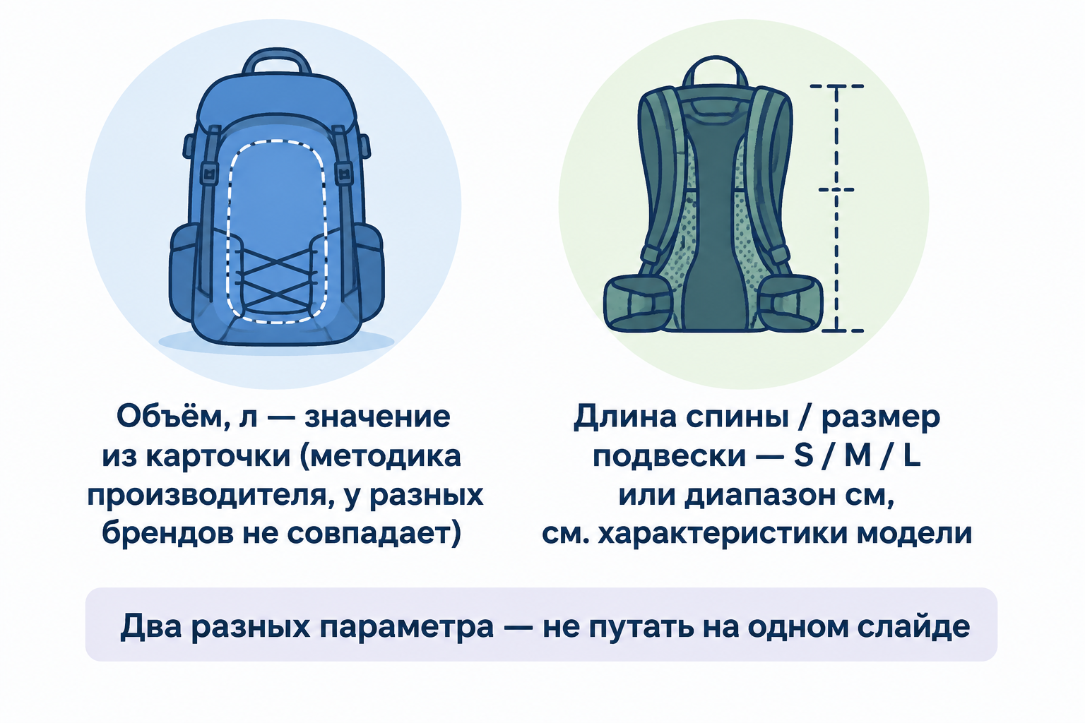 Инфографика: объём и посадка туристического рюкзака на карточке товара