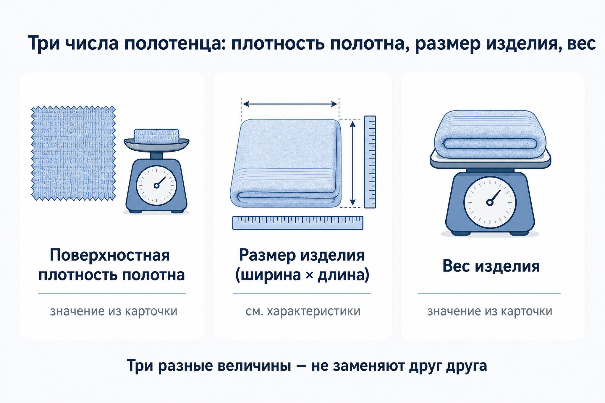 Три числа полотенца на инфографике: плотность полотна, размер изделия и вес