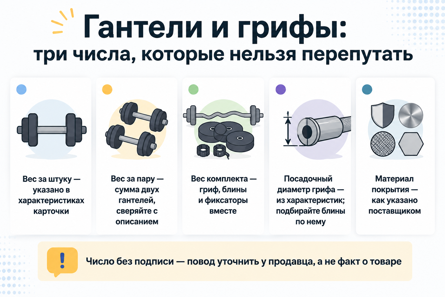Инфографика: база веса гантелей — за штуку, за пару, за комплект, и посадочный диаметр грифа