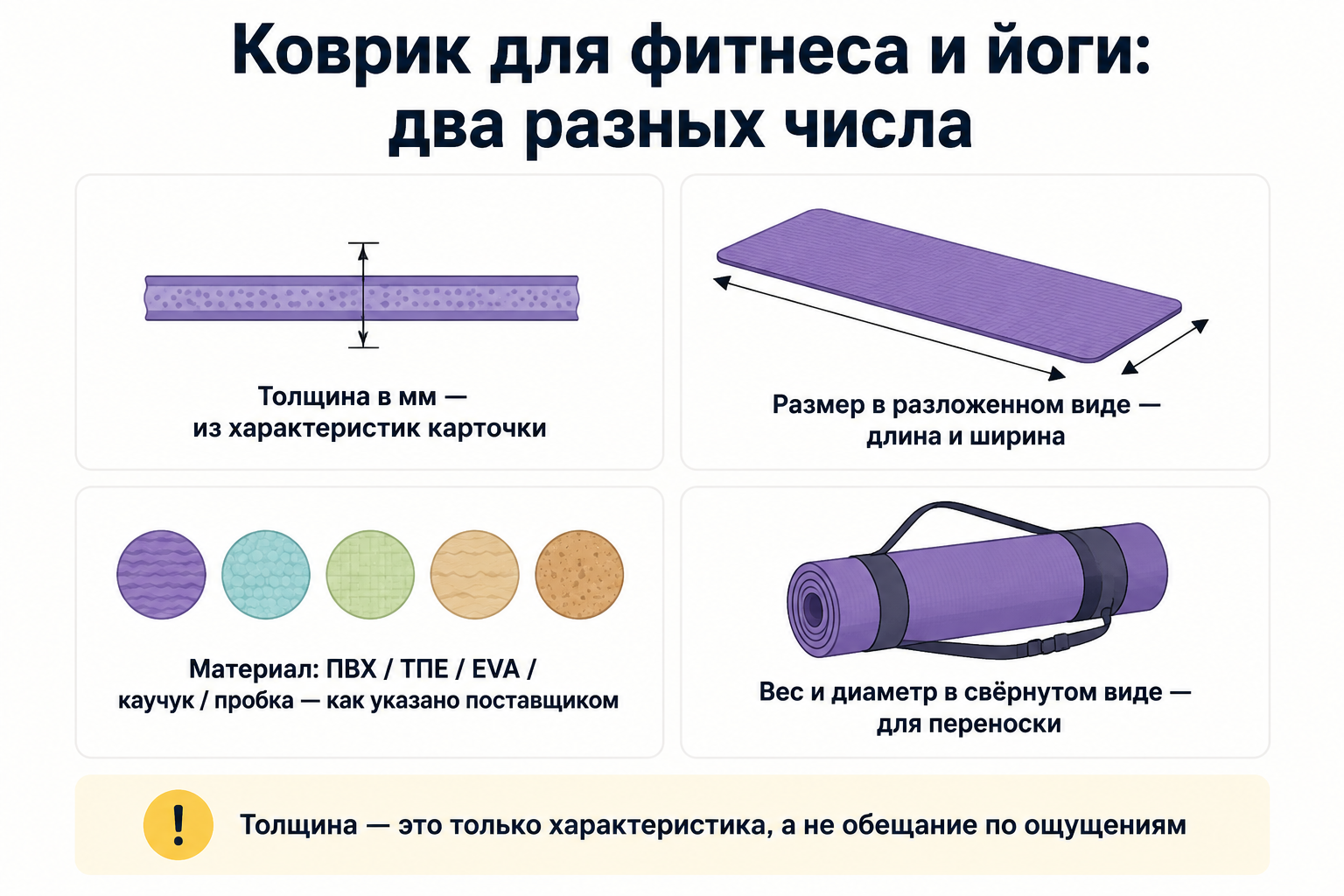 Инфографика: толщина и размер коврика для фитнеса и йоги как два разных параметра