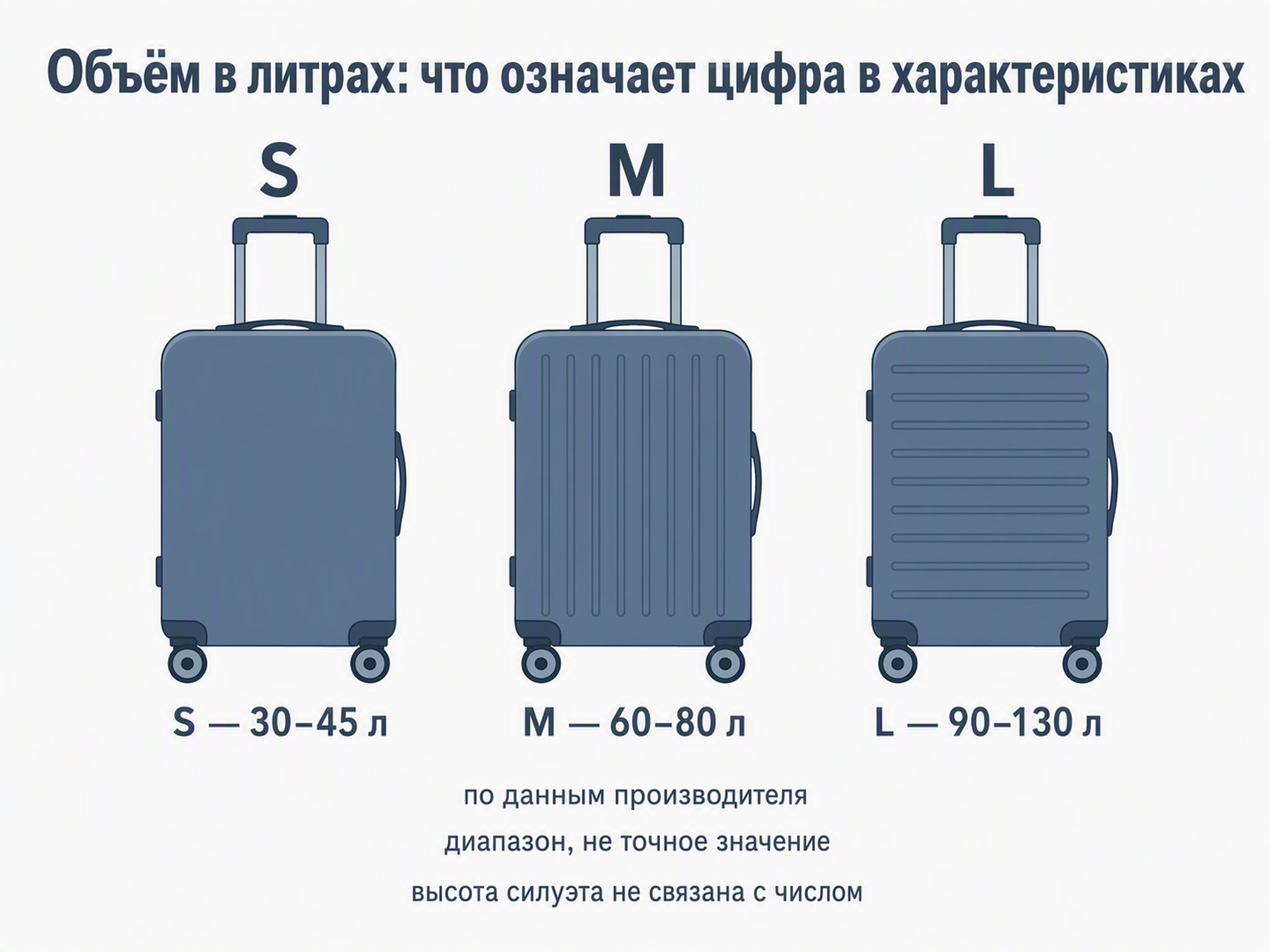 Три силуэта чемоданов S, M и L с подписями объёма в литрах на карточке маркетплейса