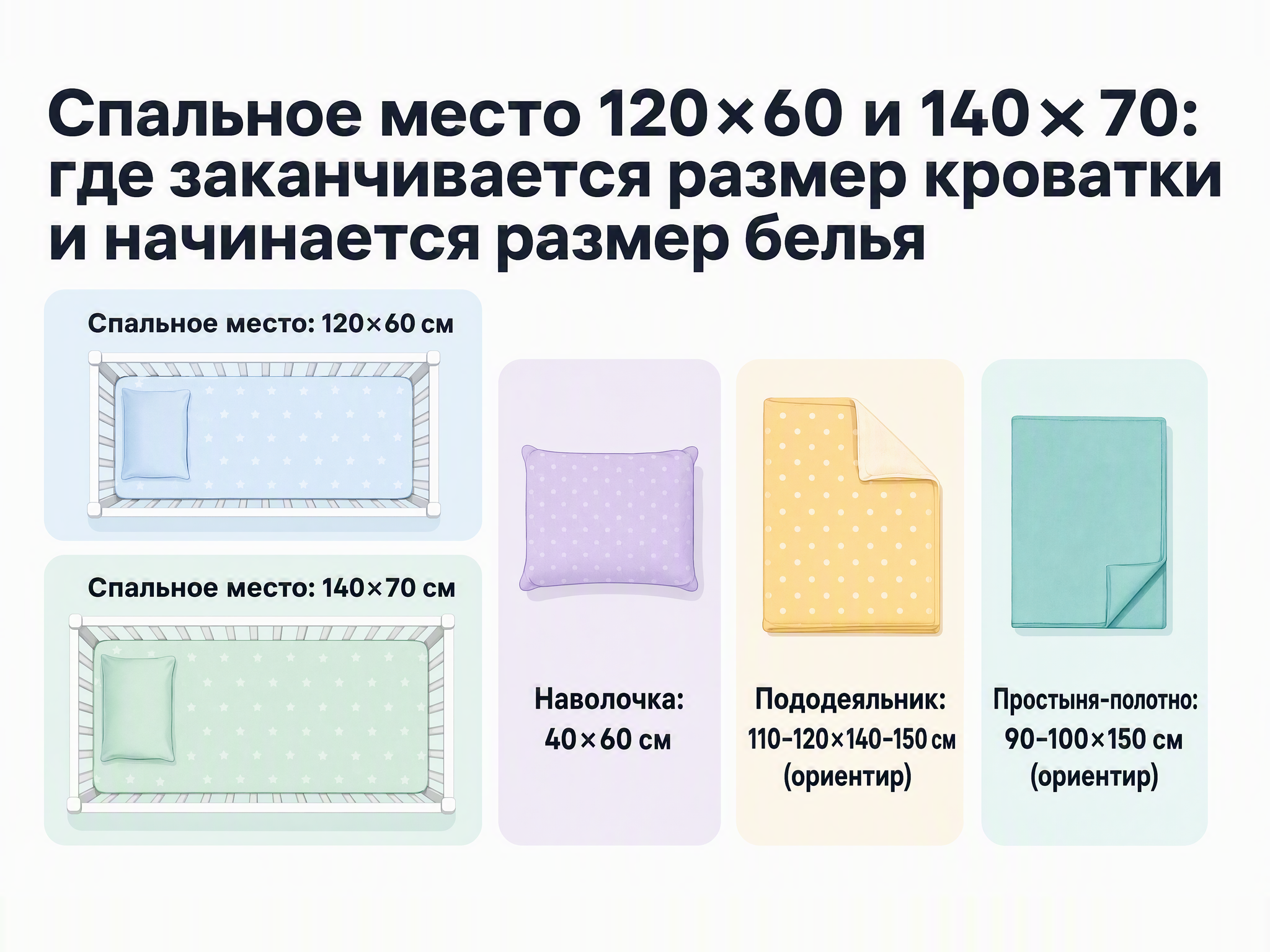 Сравнение размеров спального места кроватки и размеров предметов постельного комплекта
