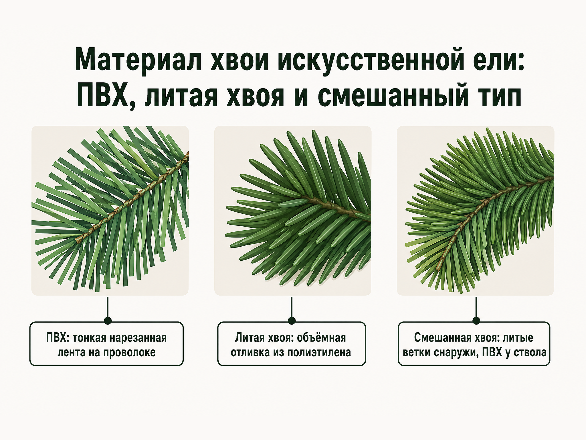Три типа хвои искусственной ели для карточки товара: ПВХ, литая хвоя, смешанная хвоя