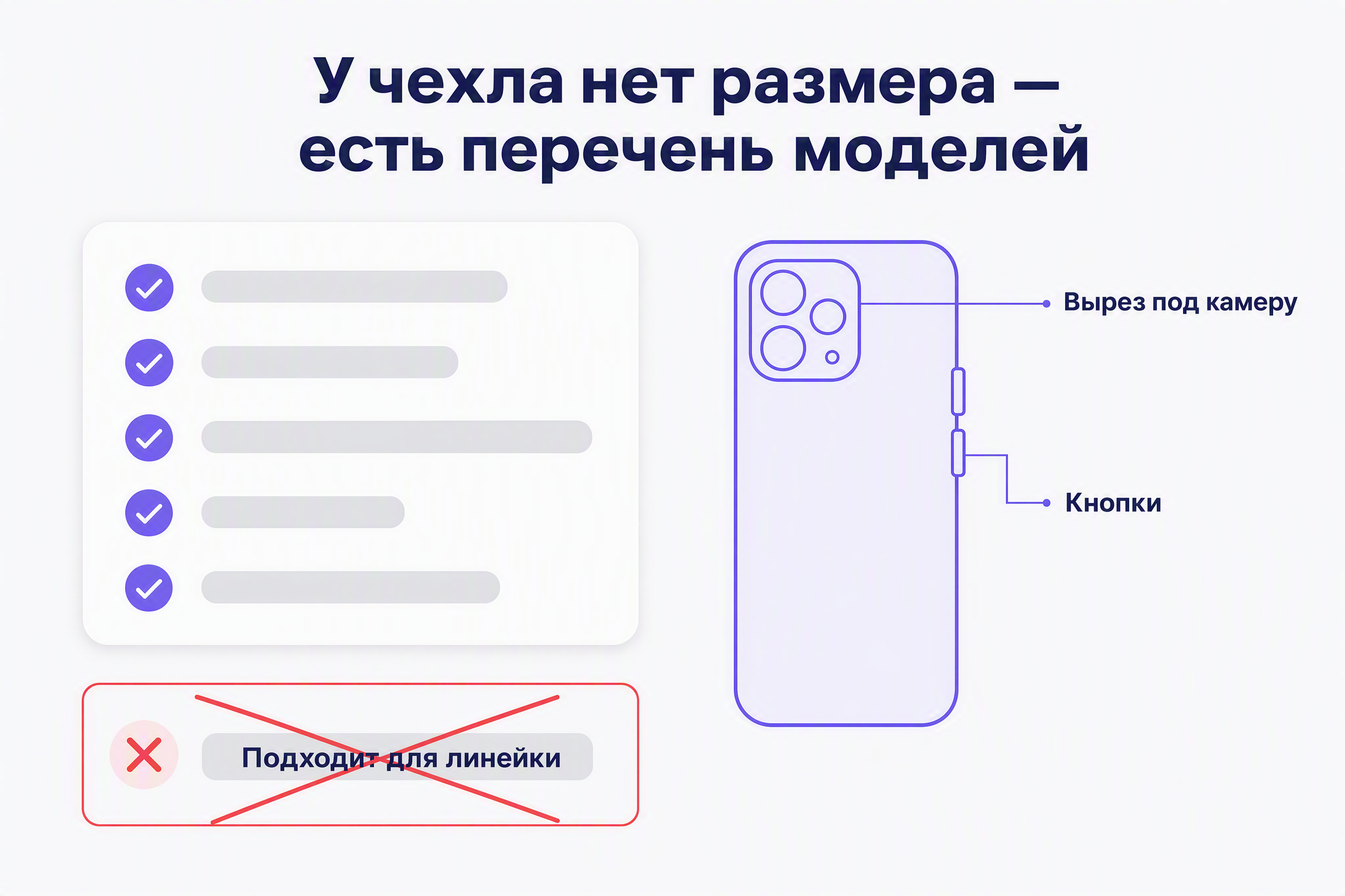 Пять строк-заглушек вместо моделей чехла, контур задней стенки с вырезом под камеру и кнопками.