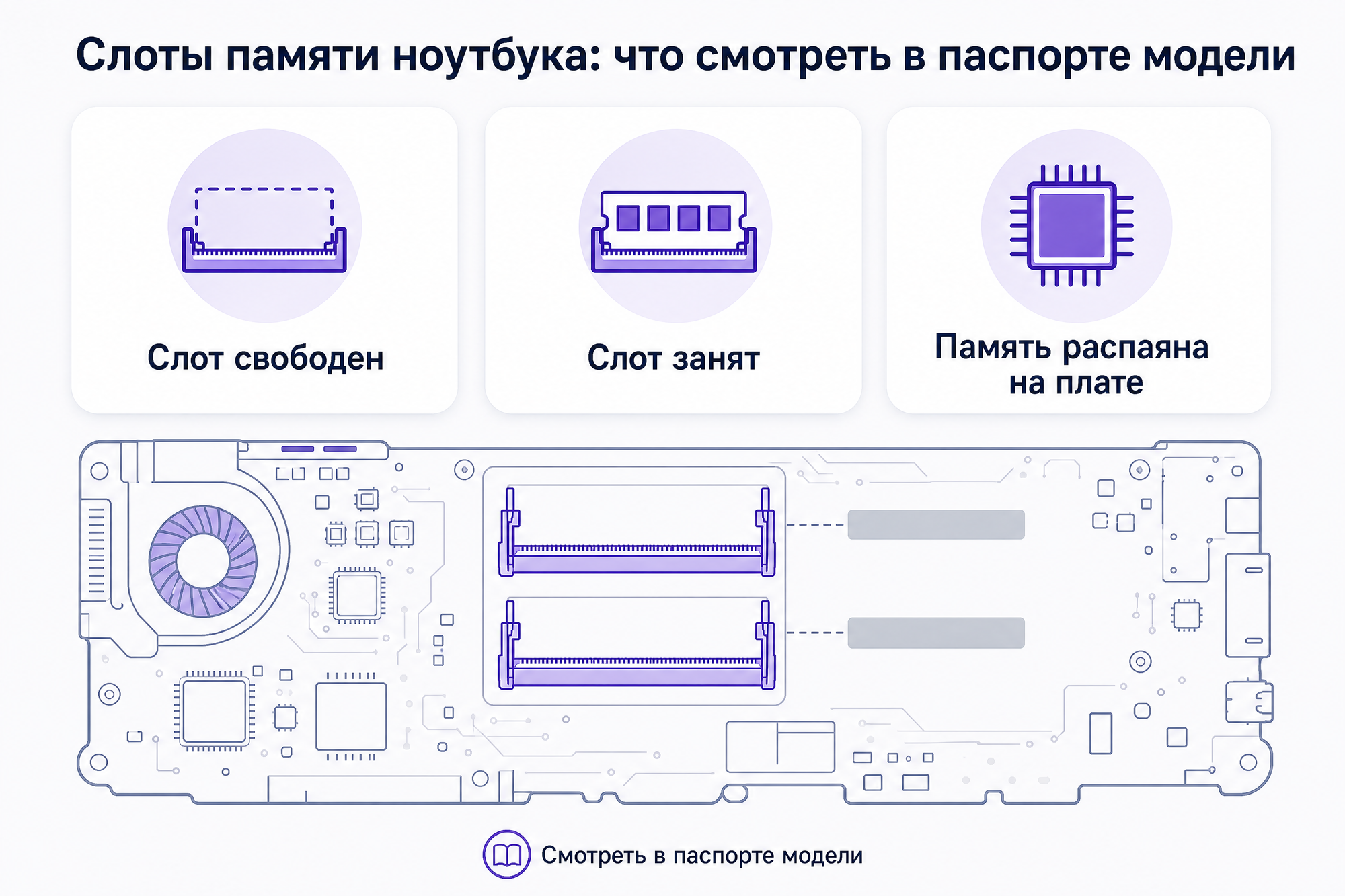 Слоты памяти ноутбука: карточки «свободен», «занят», «распаяна» и схема платы с гнёздами.