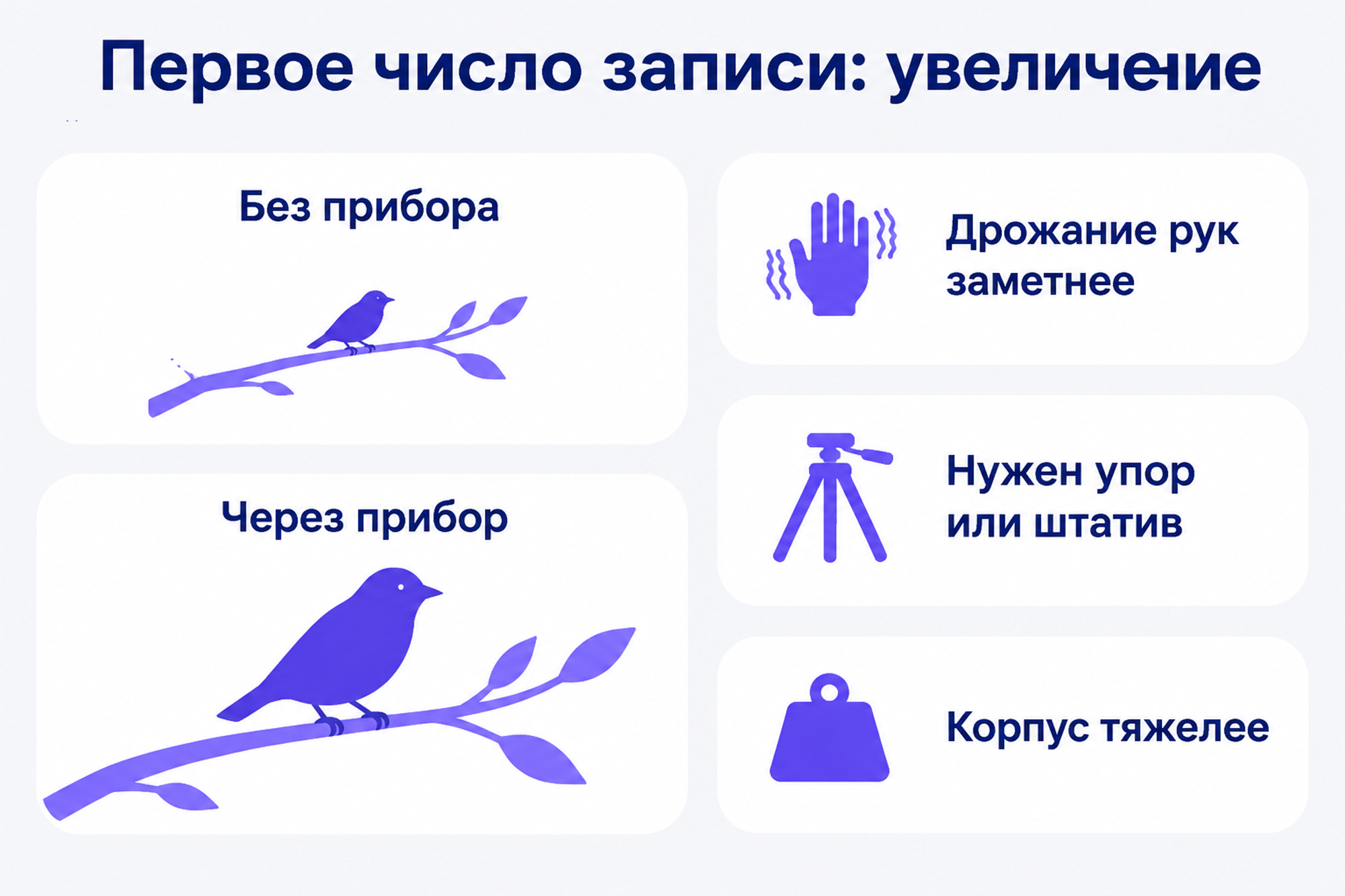 Заголовок «Увеличение»: птица без прибора и через прибор крупнее, три карточки о минусах.