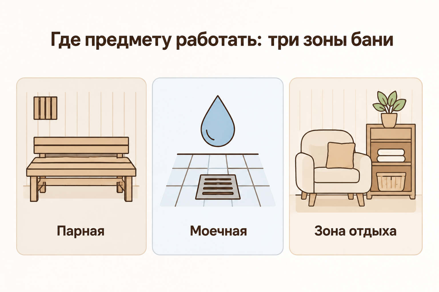 Три зоны использования банных аксессуаров: парная, моечная, зона отдыха