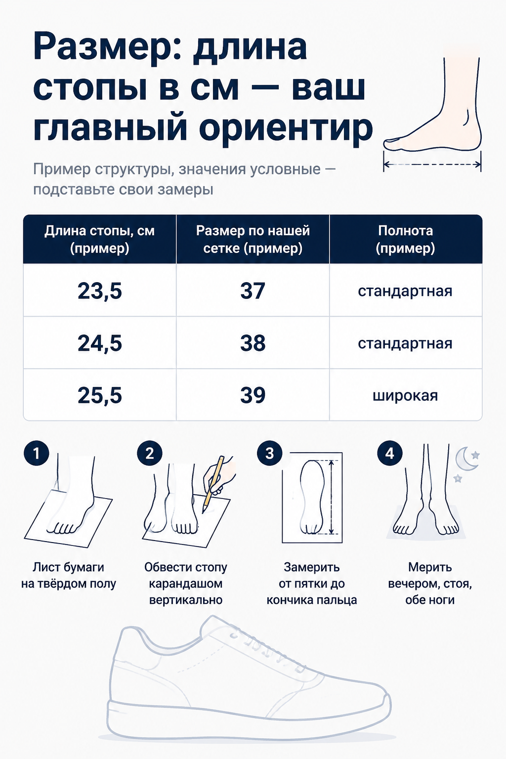 Размерный блок инфографики обуви: длина стопы в см и полнота