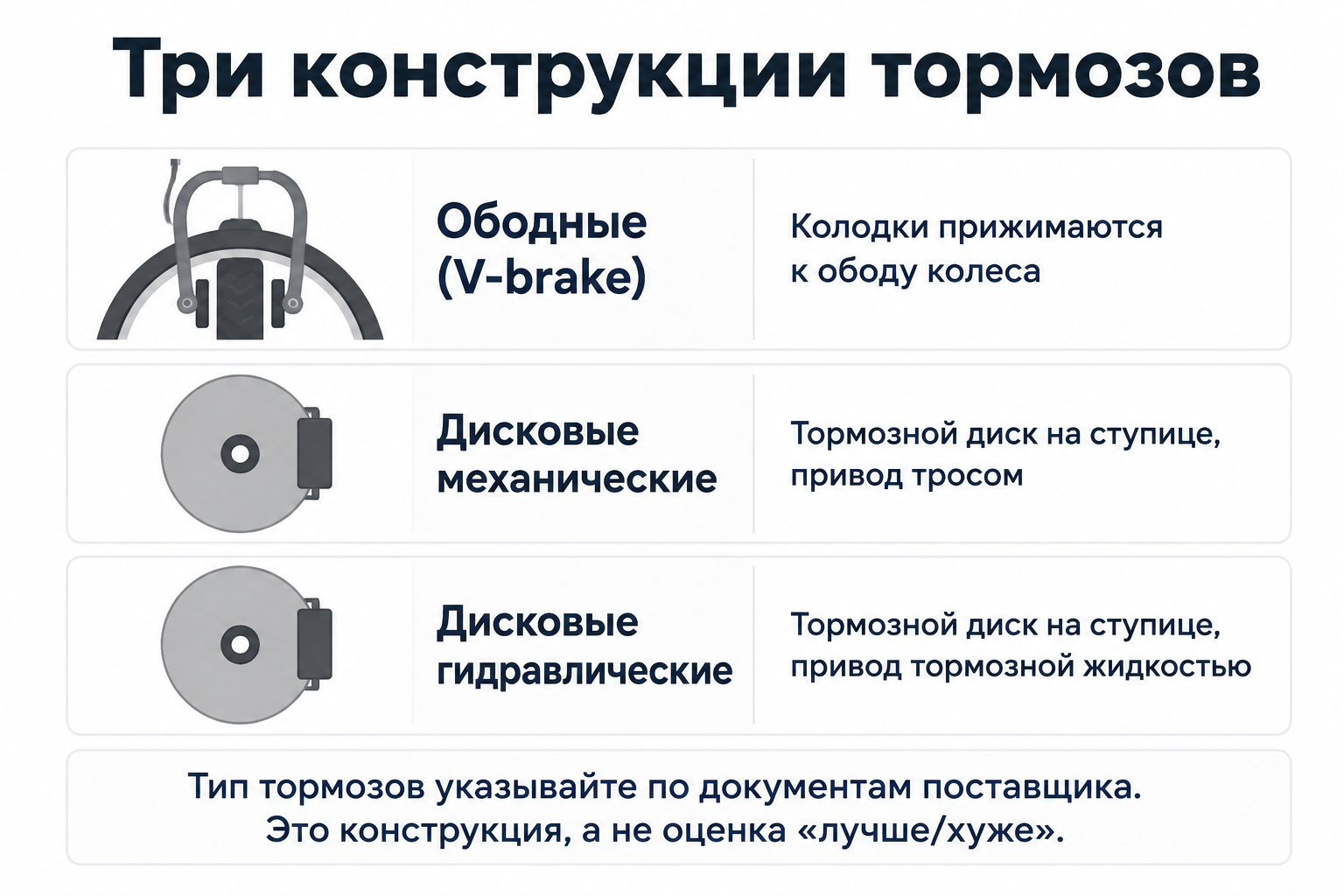 Три конструкции тормозов велосипеда: ободные, дисковые механические, дисковые гидравлические